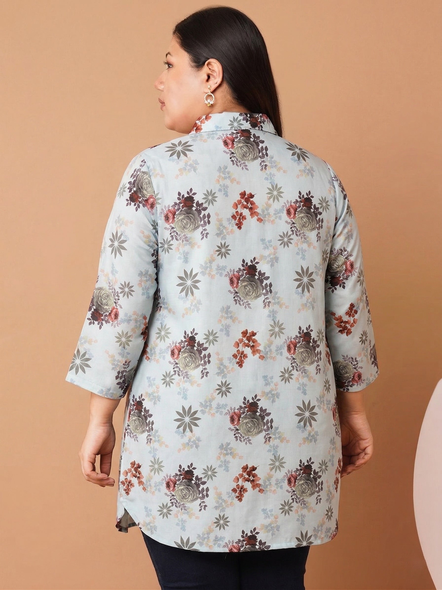 U&F Beyond Women`s Plus Size Powder Blue Floral Printed Cotton Shirt Style Top