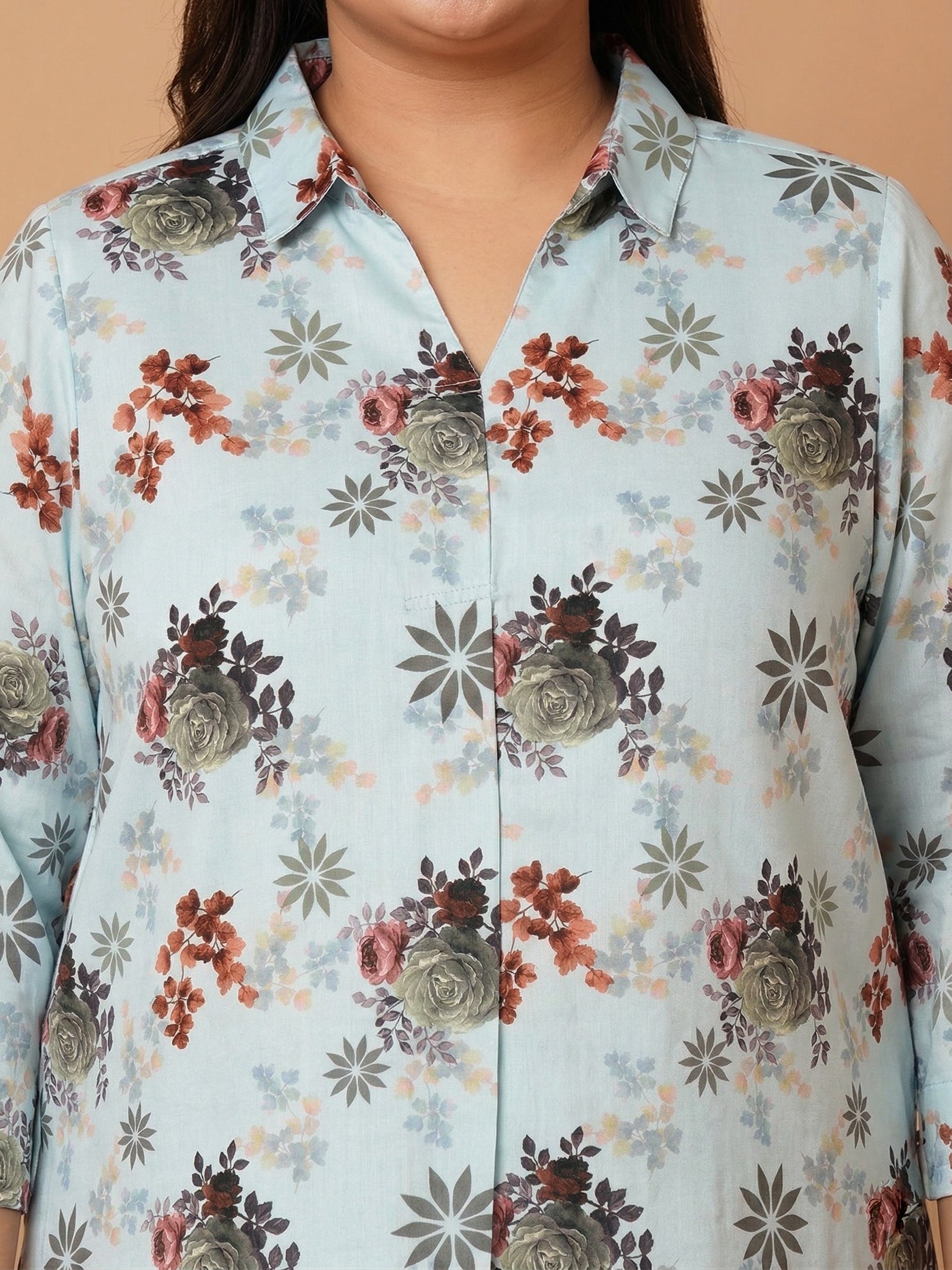 U&F Beyond Women`s Plus Size Powder Blue Floral Printed Cotton Shirt Style Top