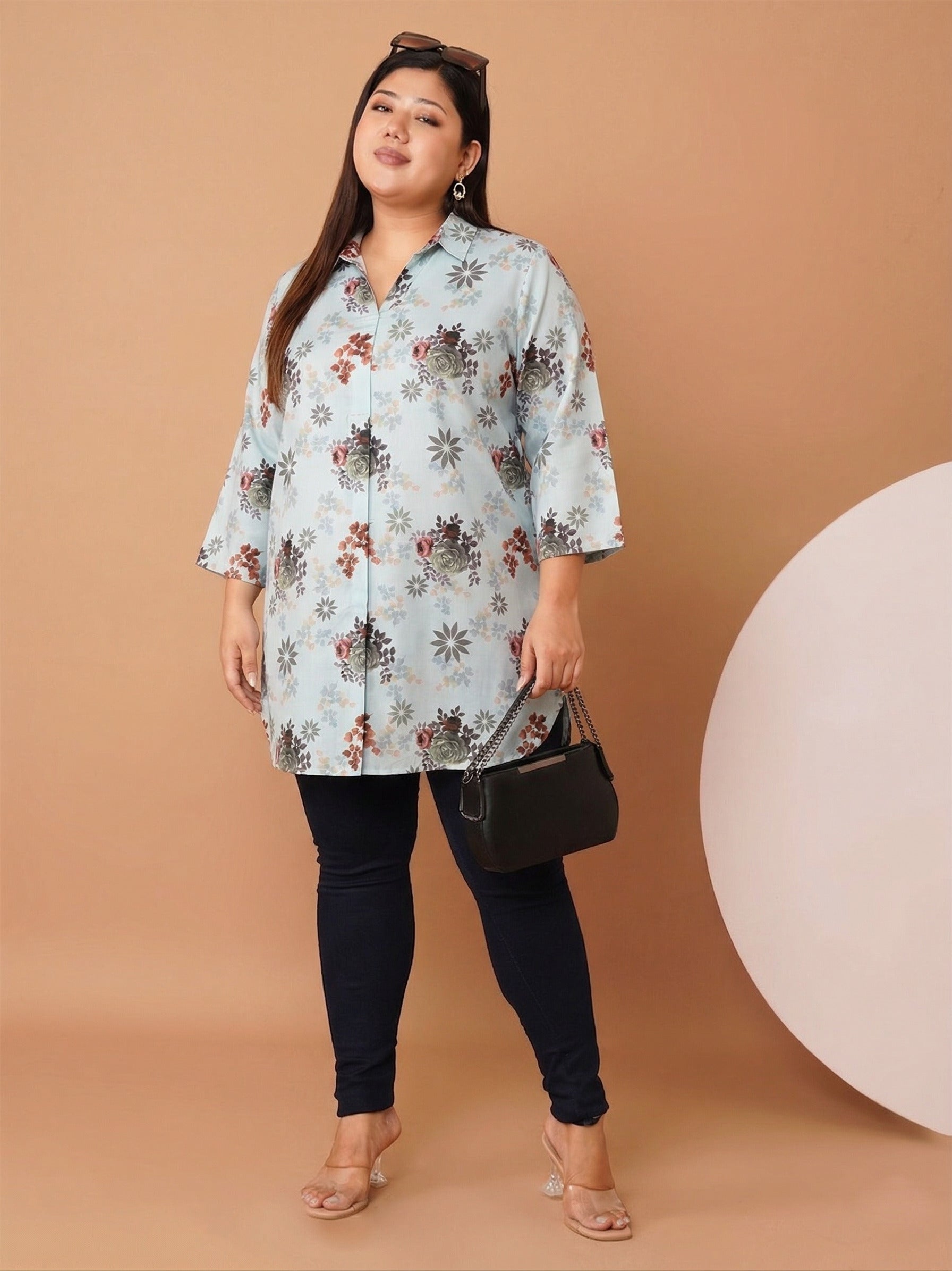 U&F Beyond Women`s Plus Size Powder Blue Floral Printed Cotton Shirt Style Top