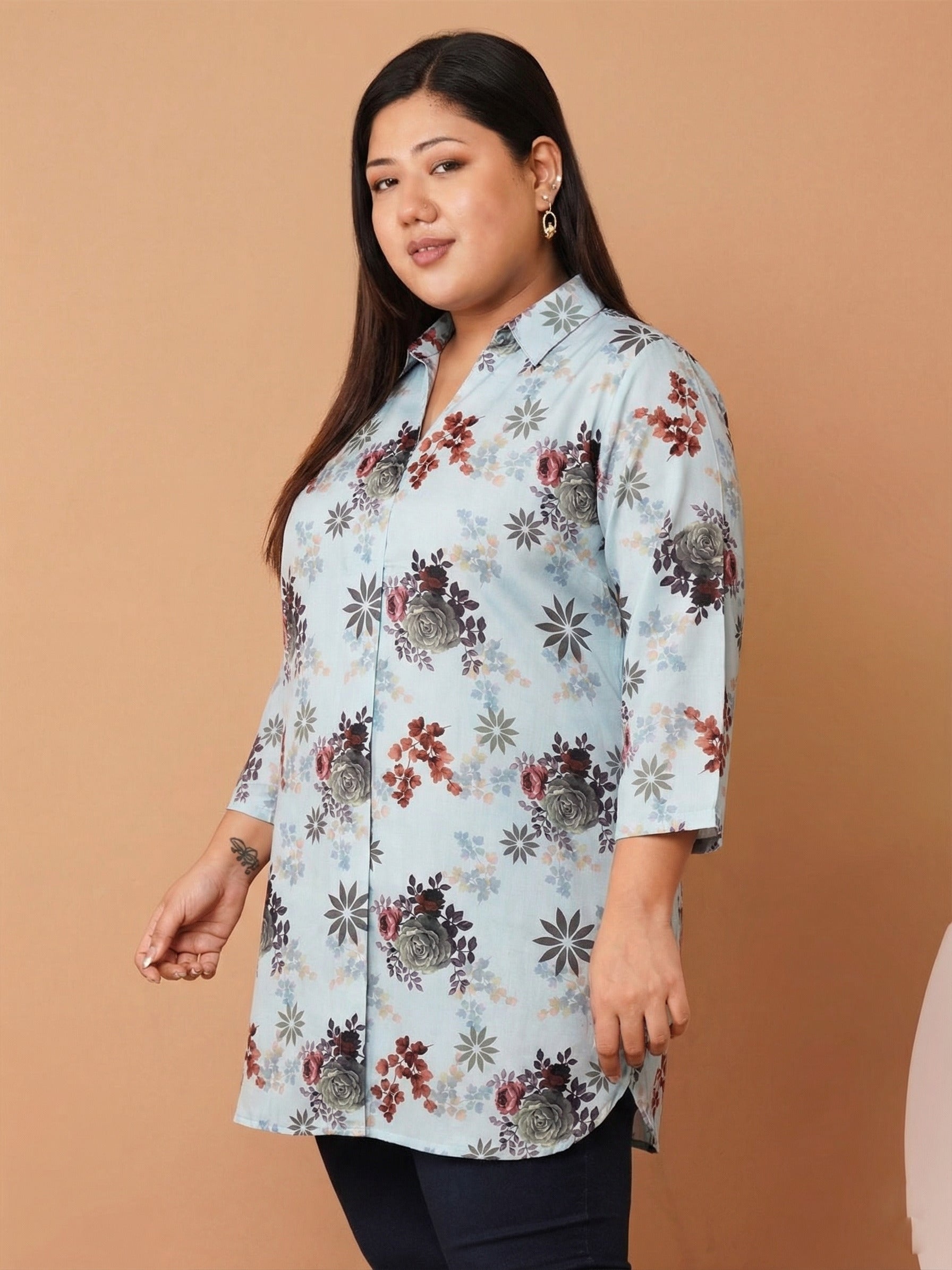 U&F Beyond Women`s Plus Size Powder Blue Floral Printed Cotton Shirt Style Top