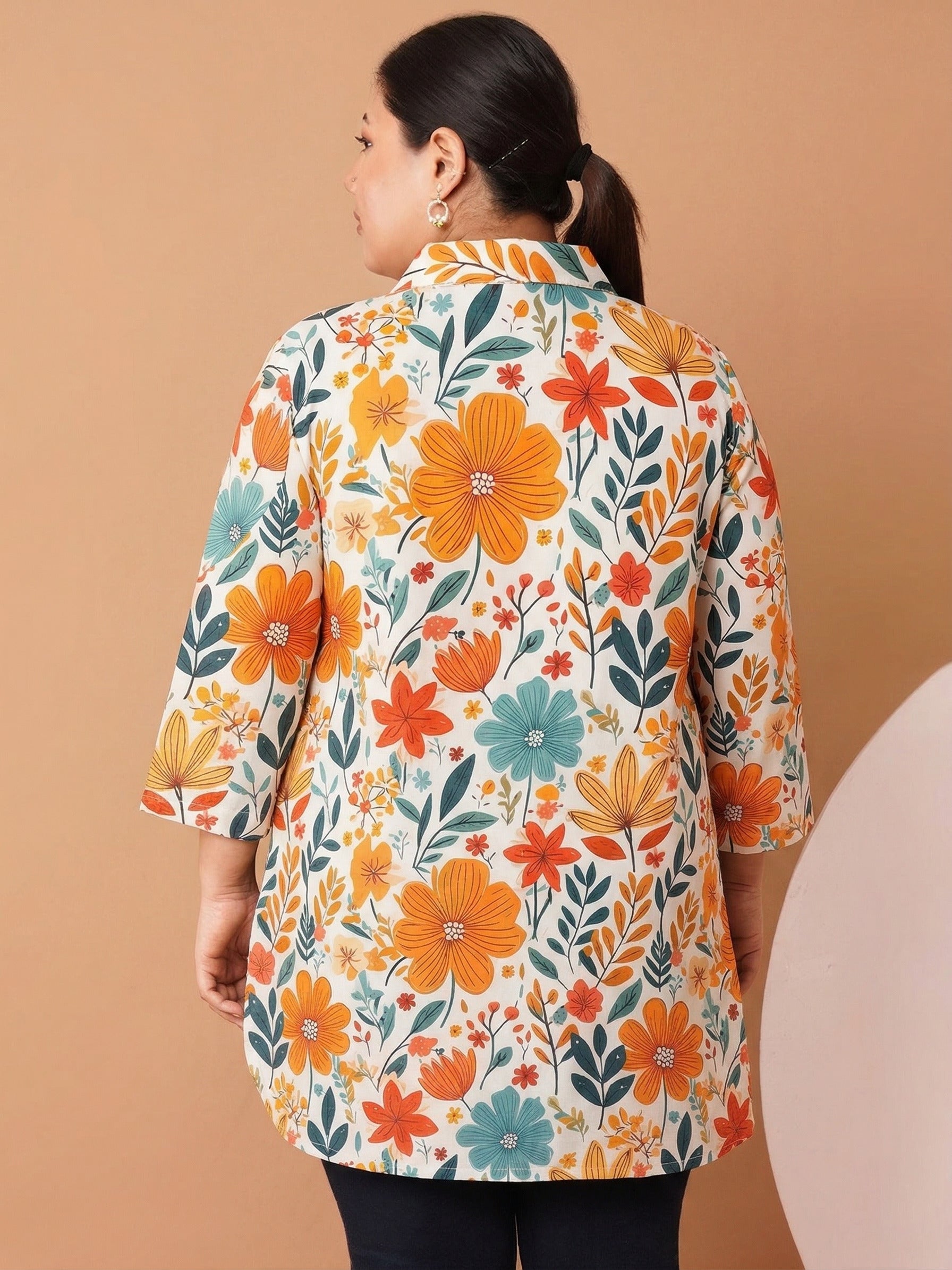 U&F Beyond Women`s Plus Size Ivory Multicolor Floral Printed Cotton Shirt Style  Top