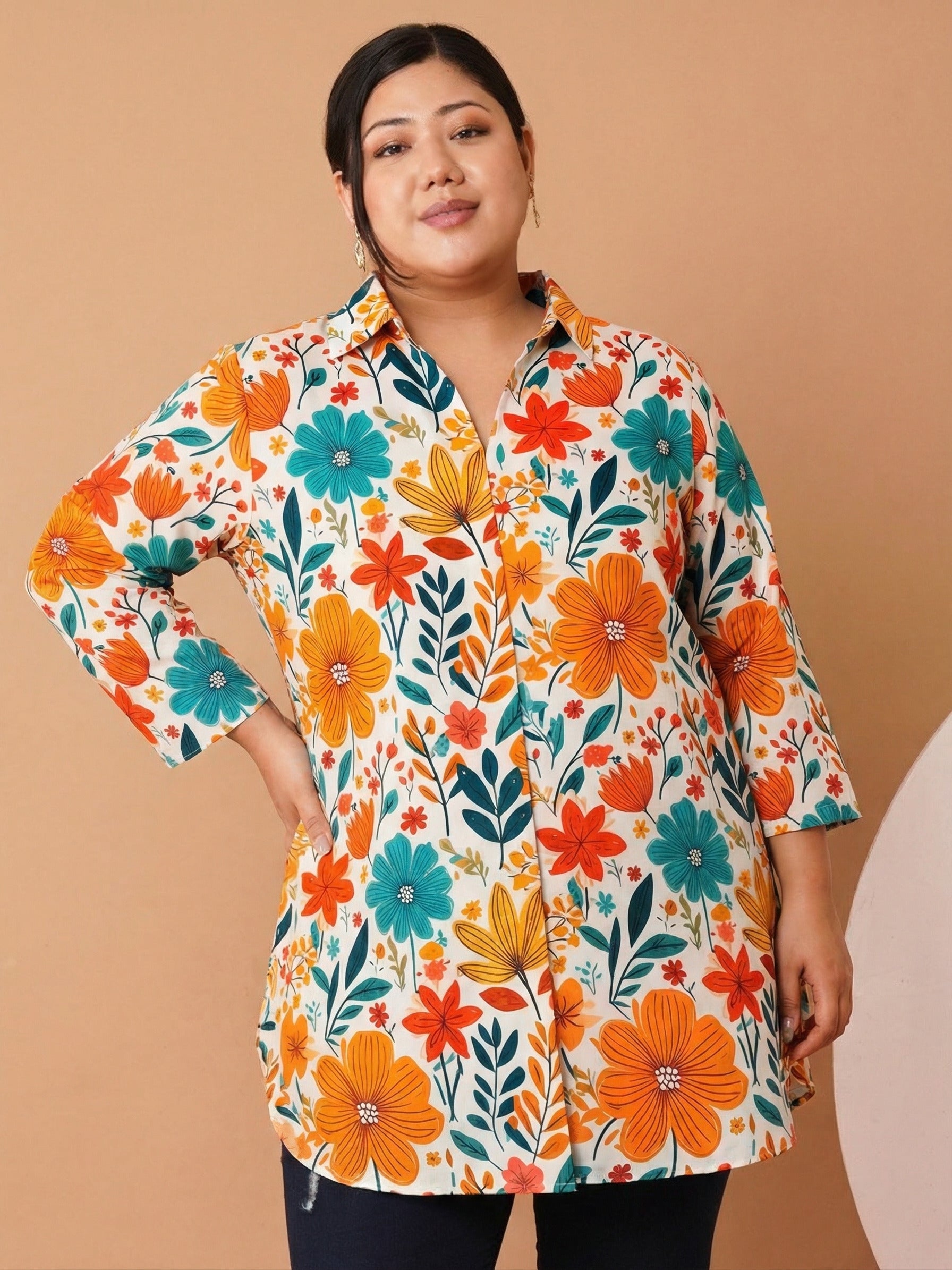 U&F Beyond Women`s Plus Size Ivory Multicolor Floral Printed Cotton Shirt Style  Top