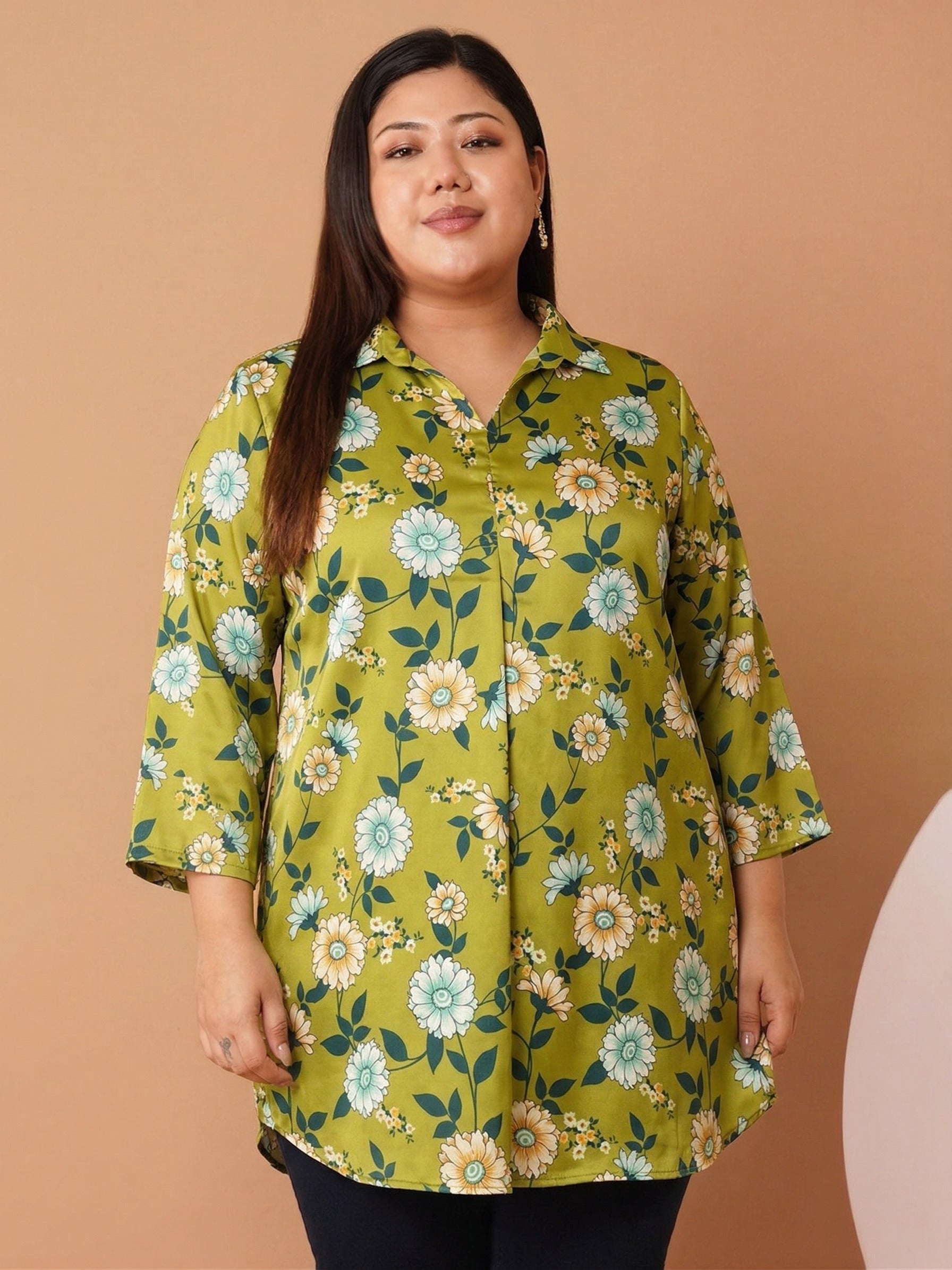 U&F Beyond Women`s Plus Size Green Floral Print Relaxed Fit Cotton Shirt Style Top
