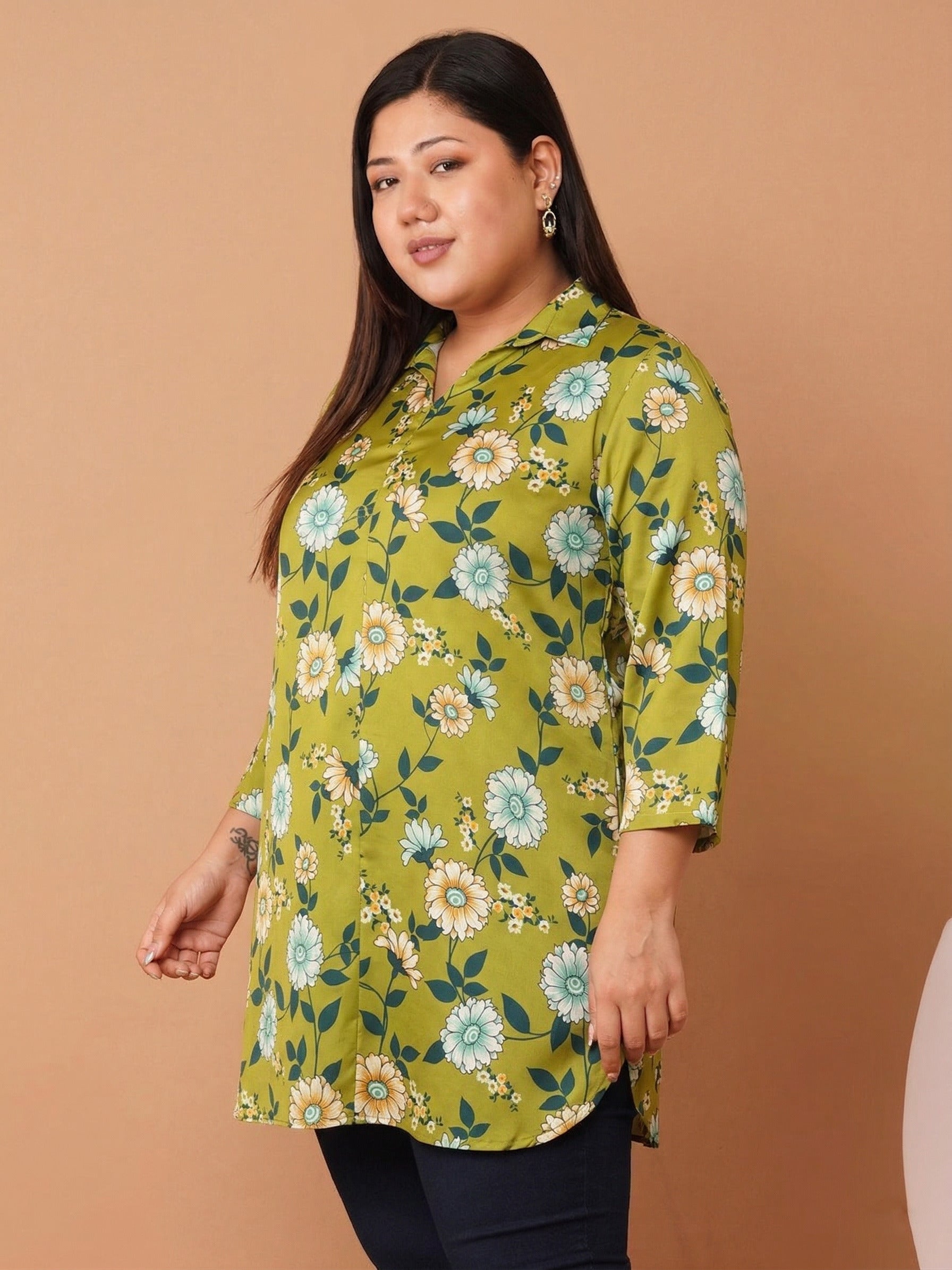 U&F Beyond Women`s Plus Size Green Floral Print Relaxed Fit Cotton Shirt Style Top