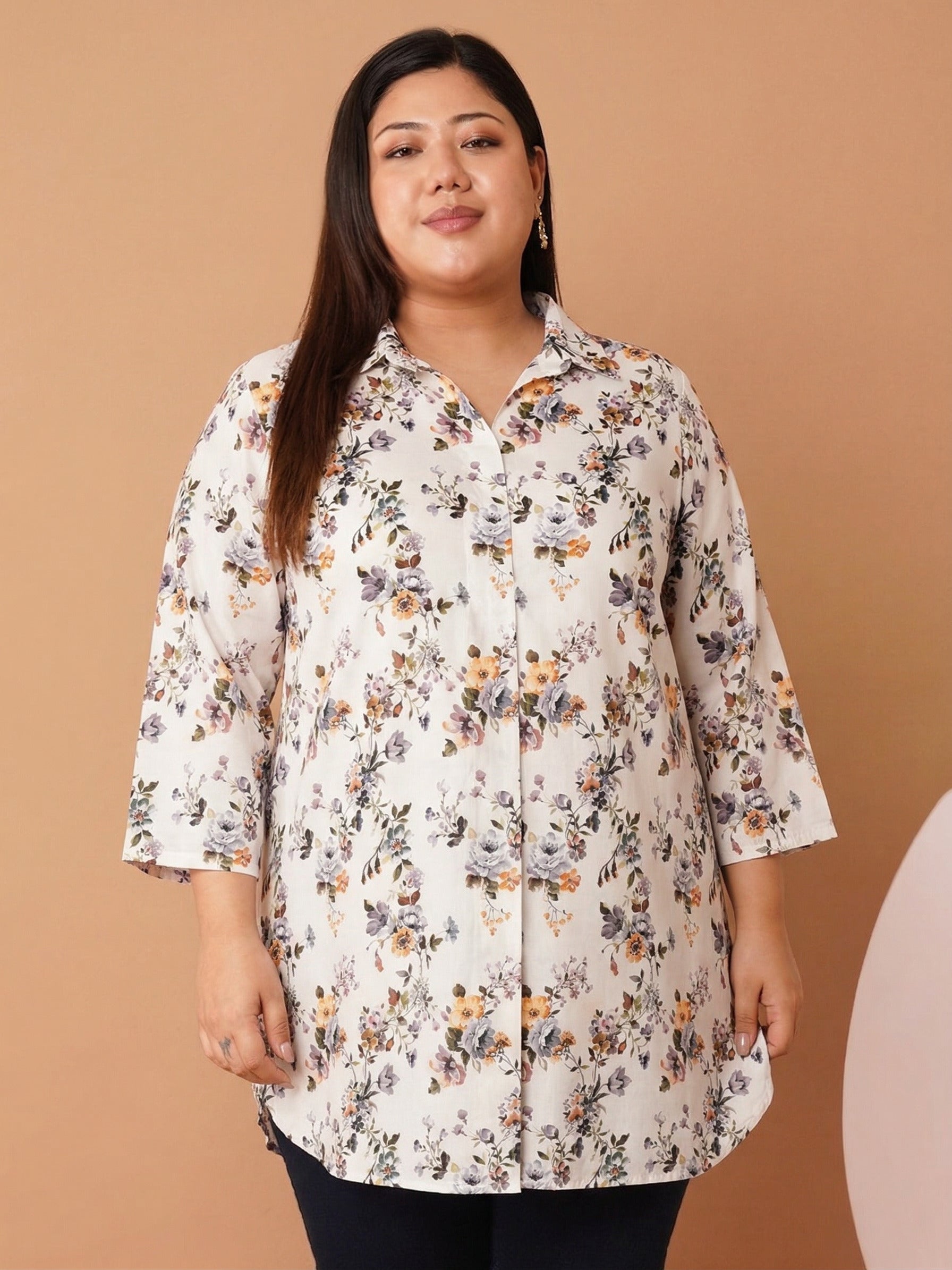 U&F Beyond Women`s Plus Size White Floral Print Relaxed Fit Cotton Shirt Style Top