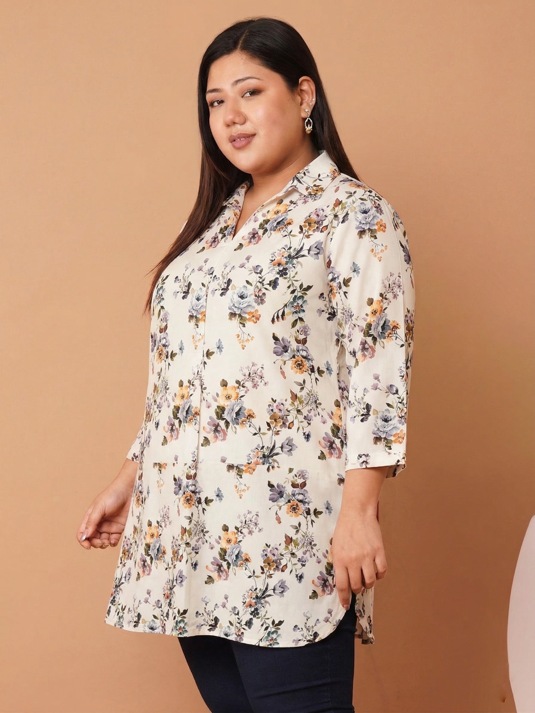 U&F Beyond Women`s Plus Size White Floral Print Relaxed Fit Cotton Shirt Style Top