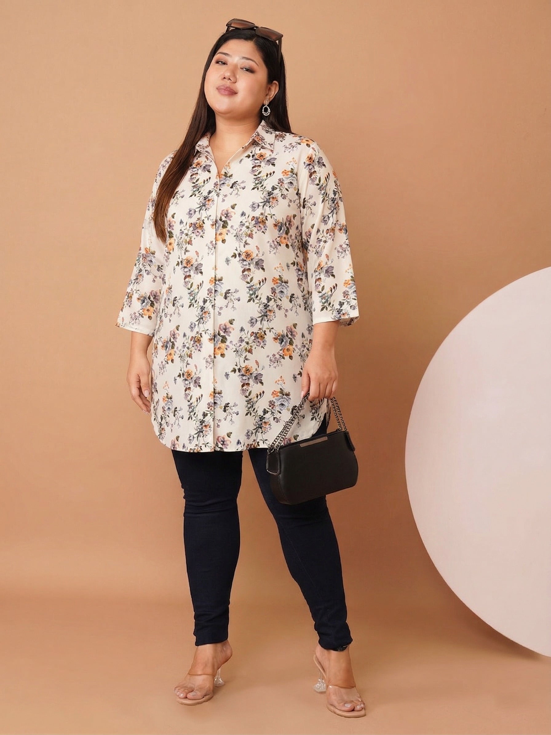 U&F Beyond Women`s Plus Size White Floral Print Relaxed Fit Cotton Shirt Style Top