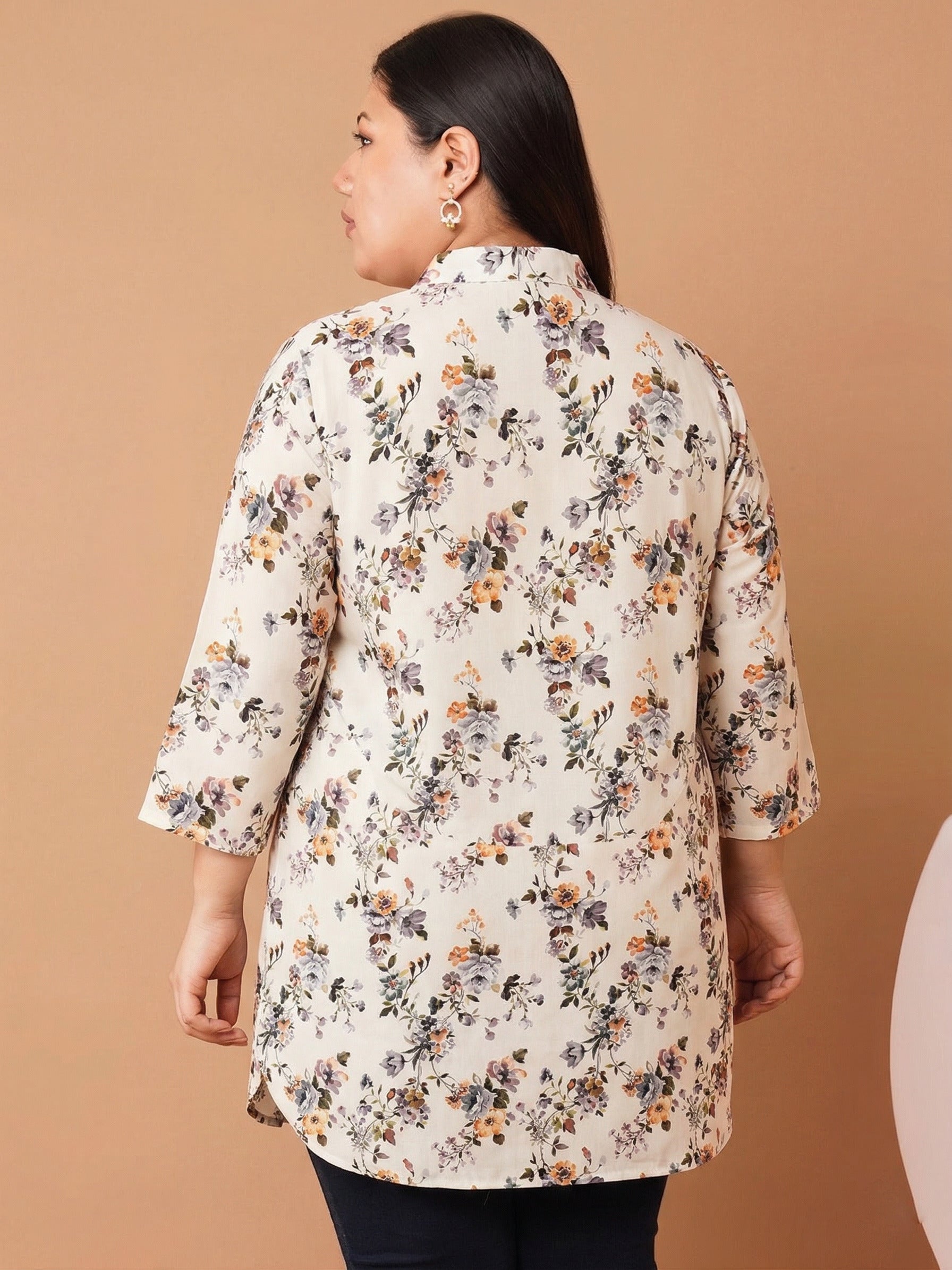 U&F Beyond Women`s Plus Size White Floral Print Relaxed Fit Cotton Shirt Style Top