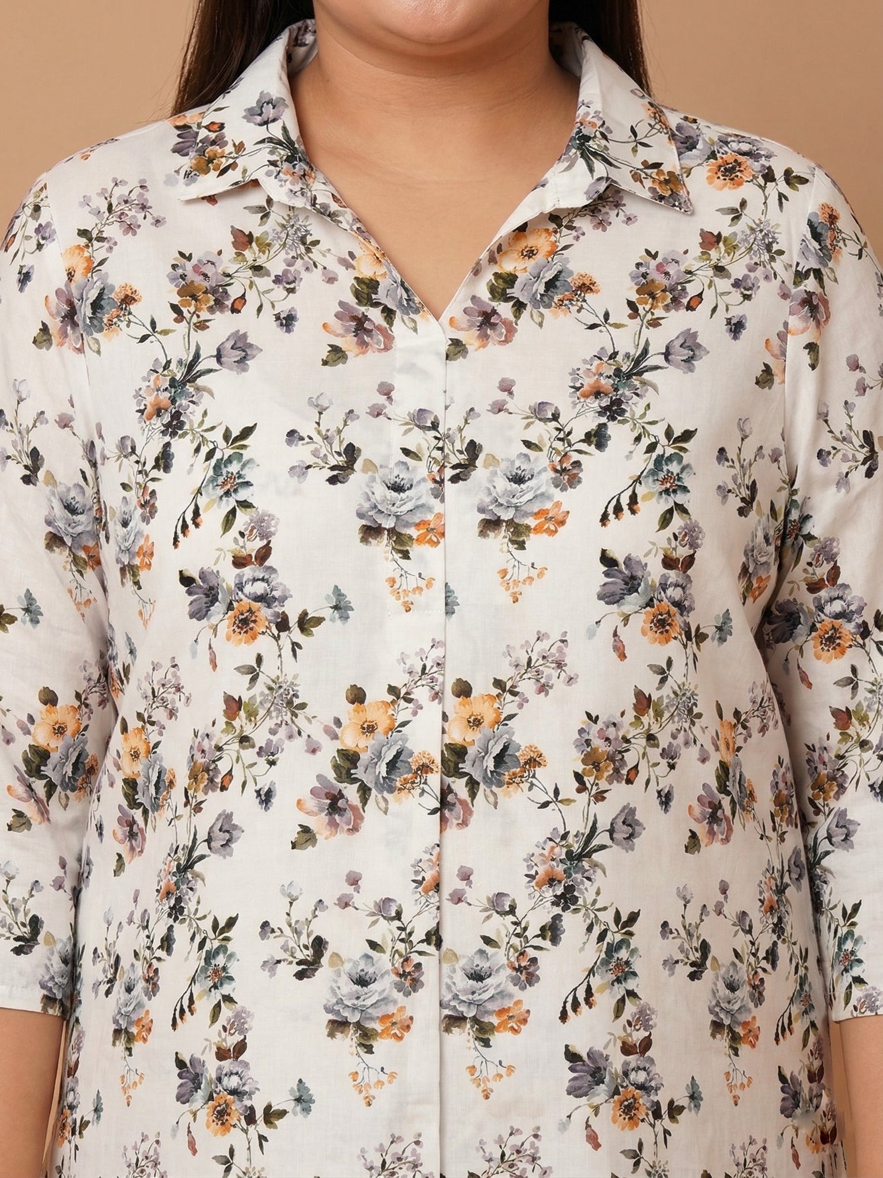 U&F Beyond Women`s Plus Size White Floral Print Relaxed Fit Cotton Shirt Style Top