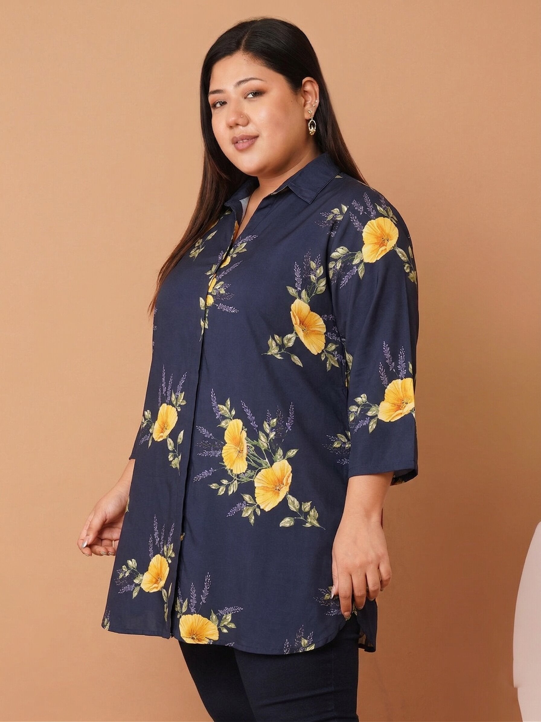 U&F Beyond Women`s Plus Size Navy Blue Floral Print Shirt Style Top