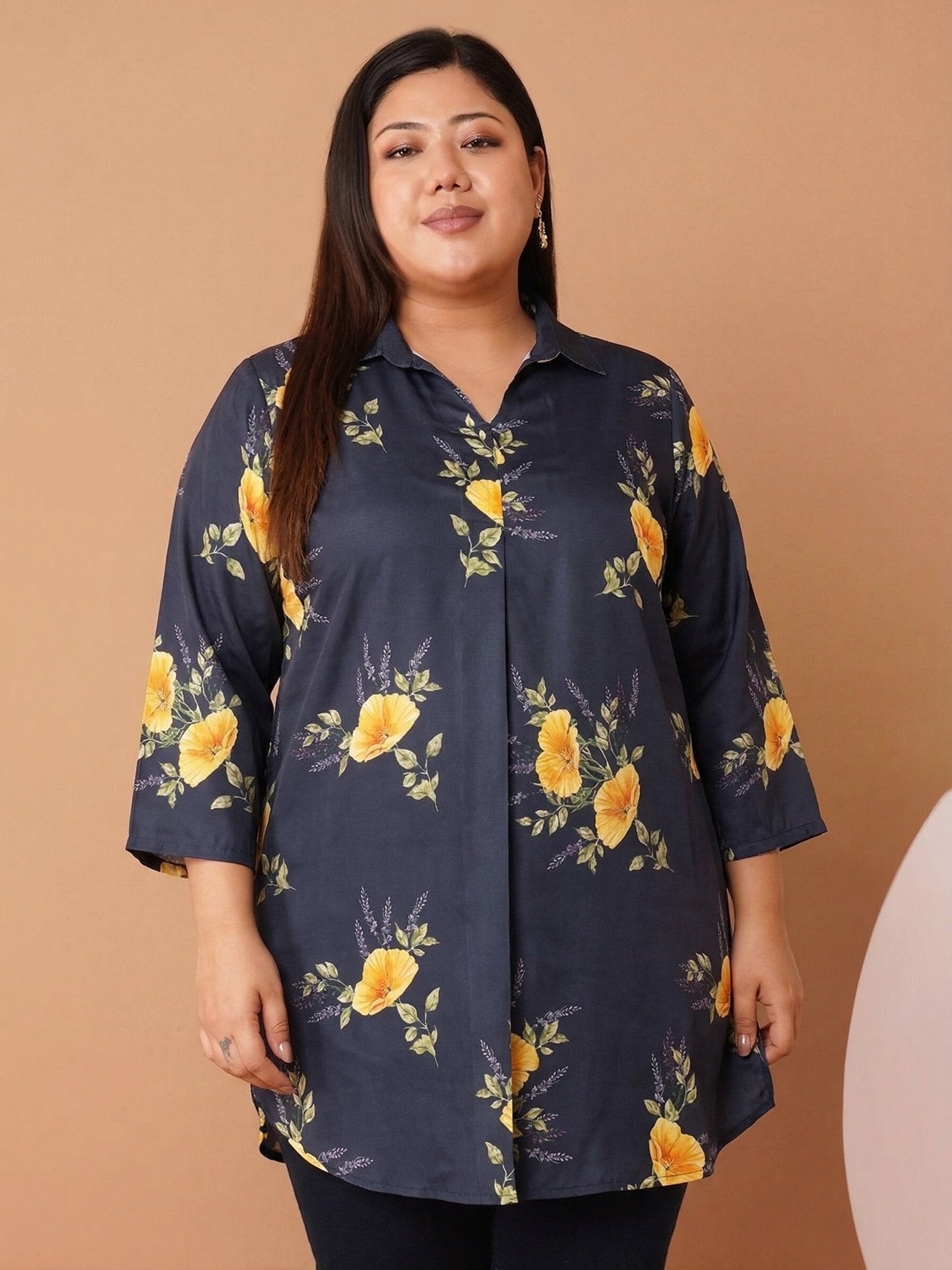 U&F Beyond Women`s Plus Size Navy Blue Floral Print Shirt Style Top