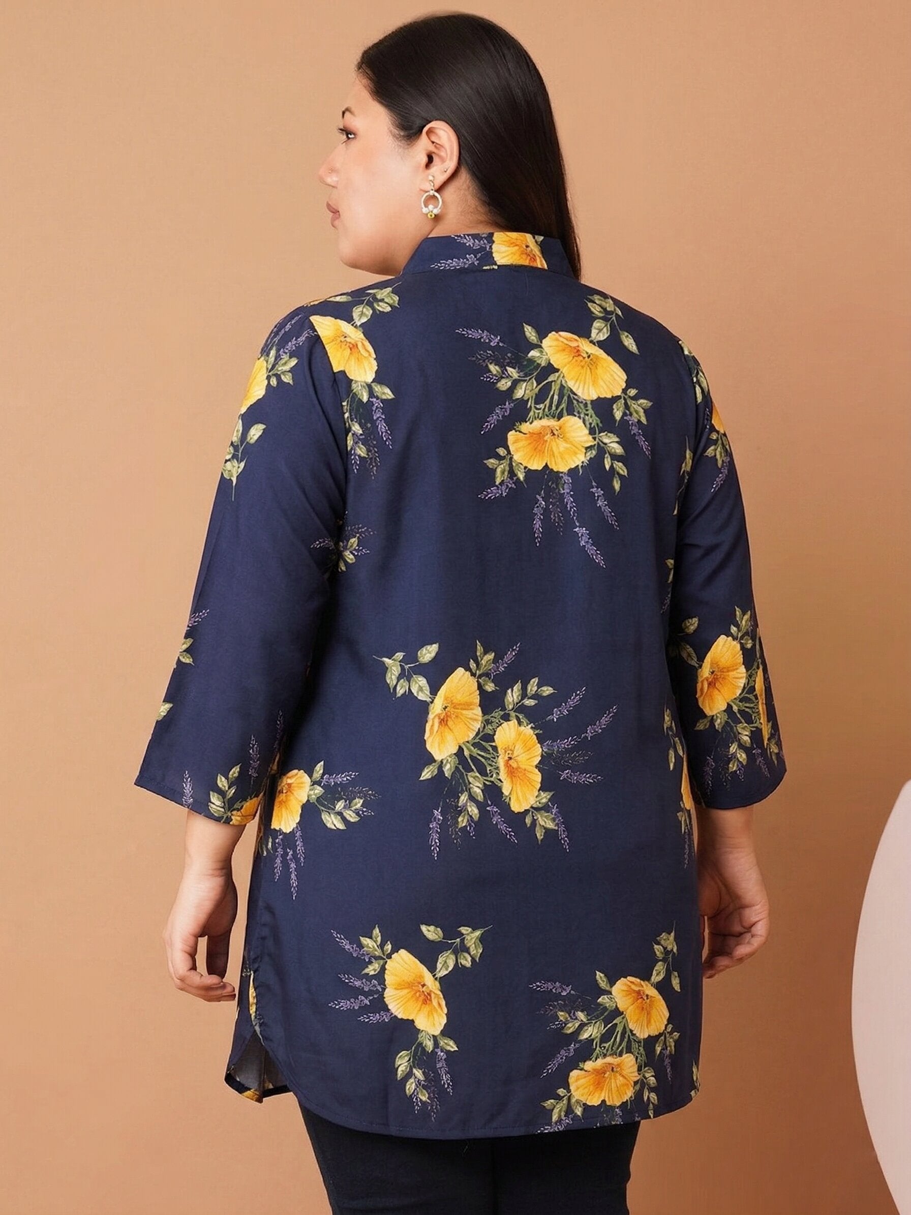 U&F Beyond Women`s Plus Size Navy Blue Floral Print Shirt Style Top