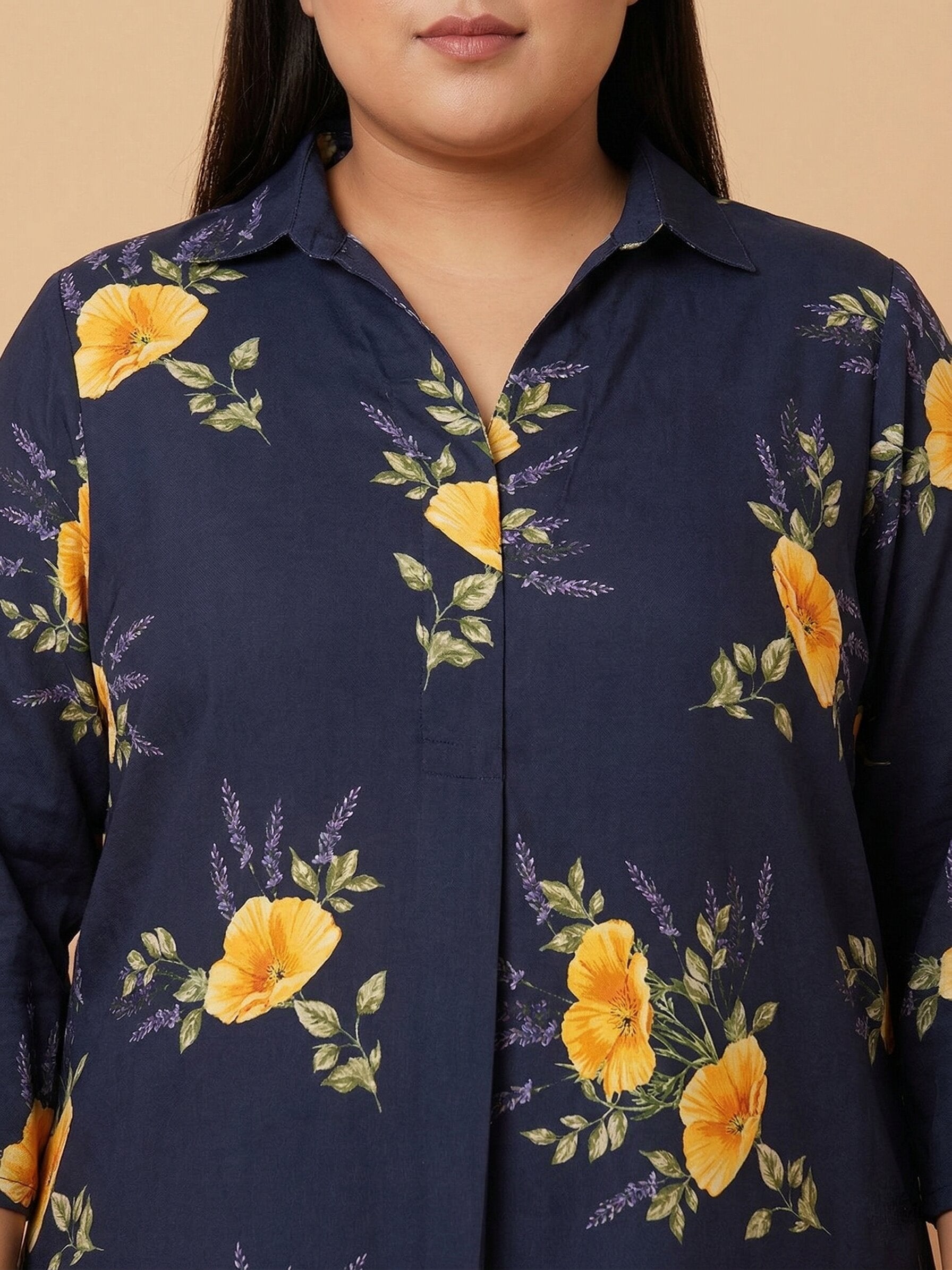 U&F Beyond Women`s Plus Size Navy Blue Floral Print Shirt Style Top