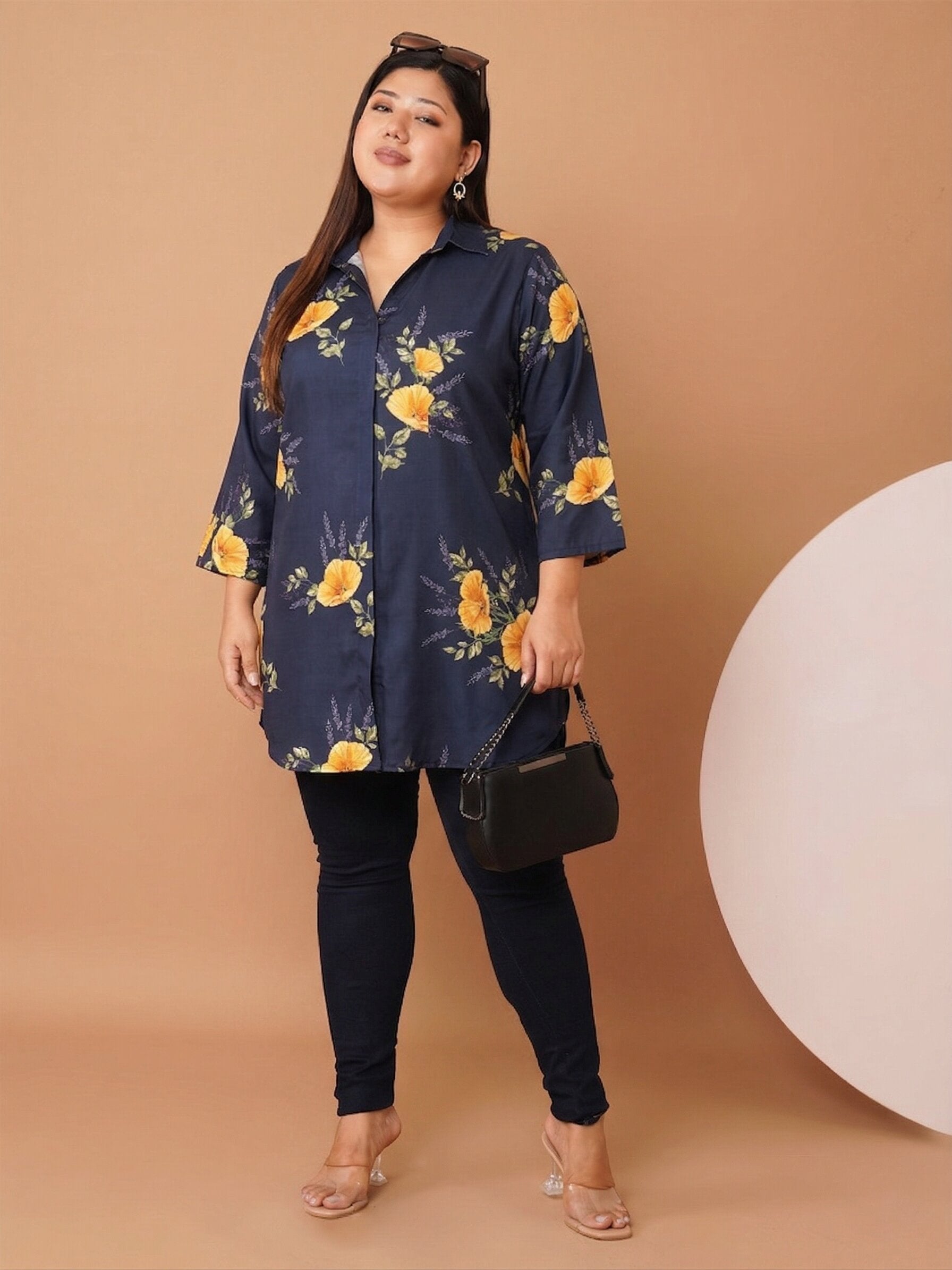 U&F Beyond Women`s Plus Size Navy Blue Floral Print Shirt Style Top