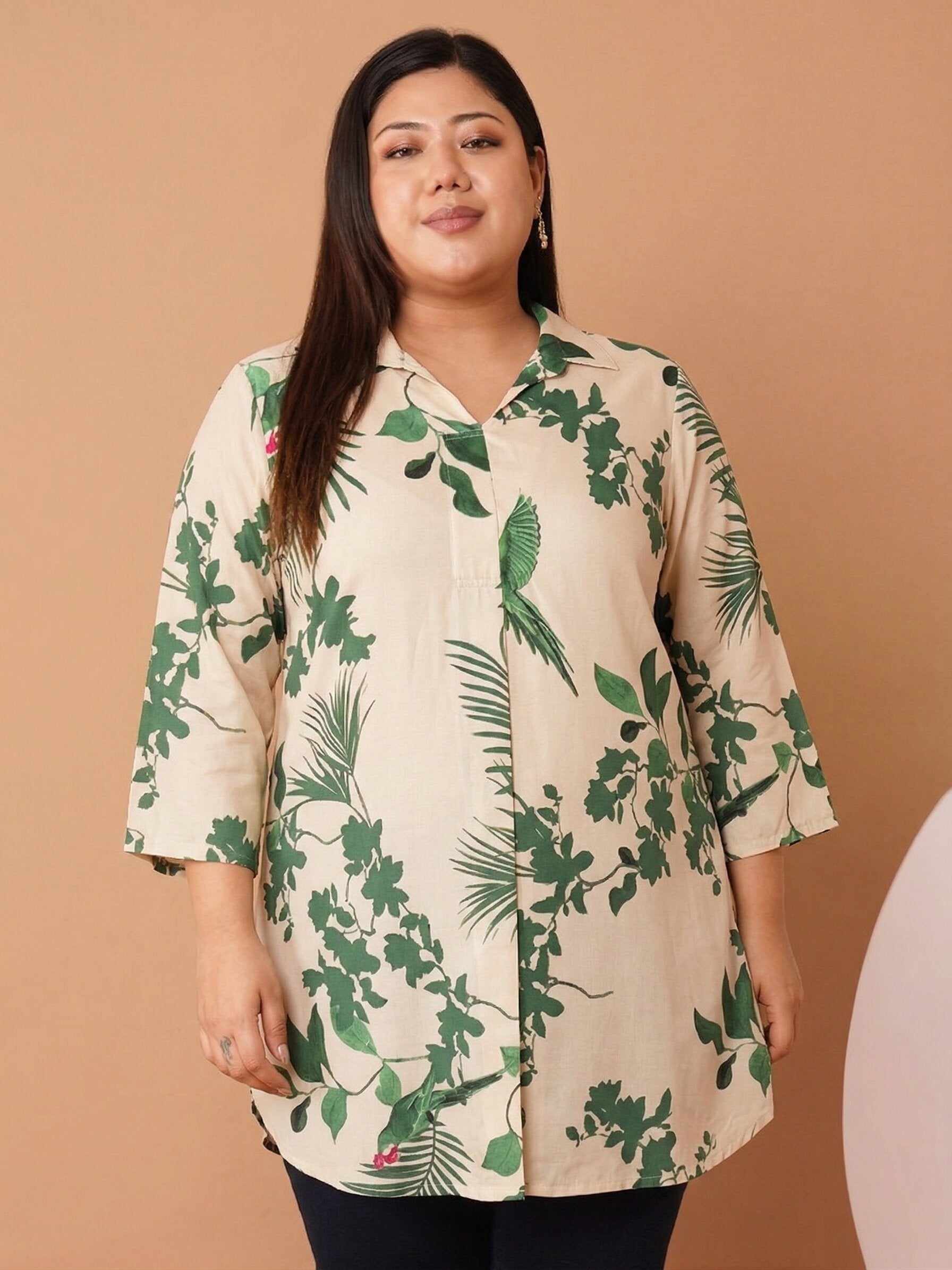 U&F Beyond Women`s Plus Size Beige With Green Nature Print Shirt Style Top