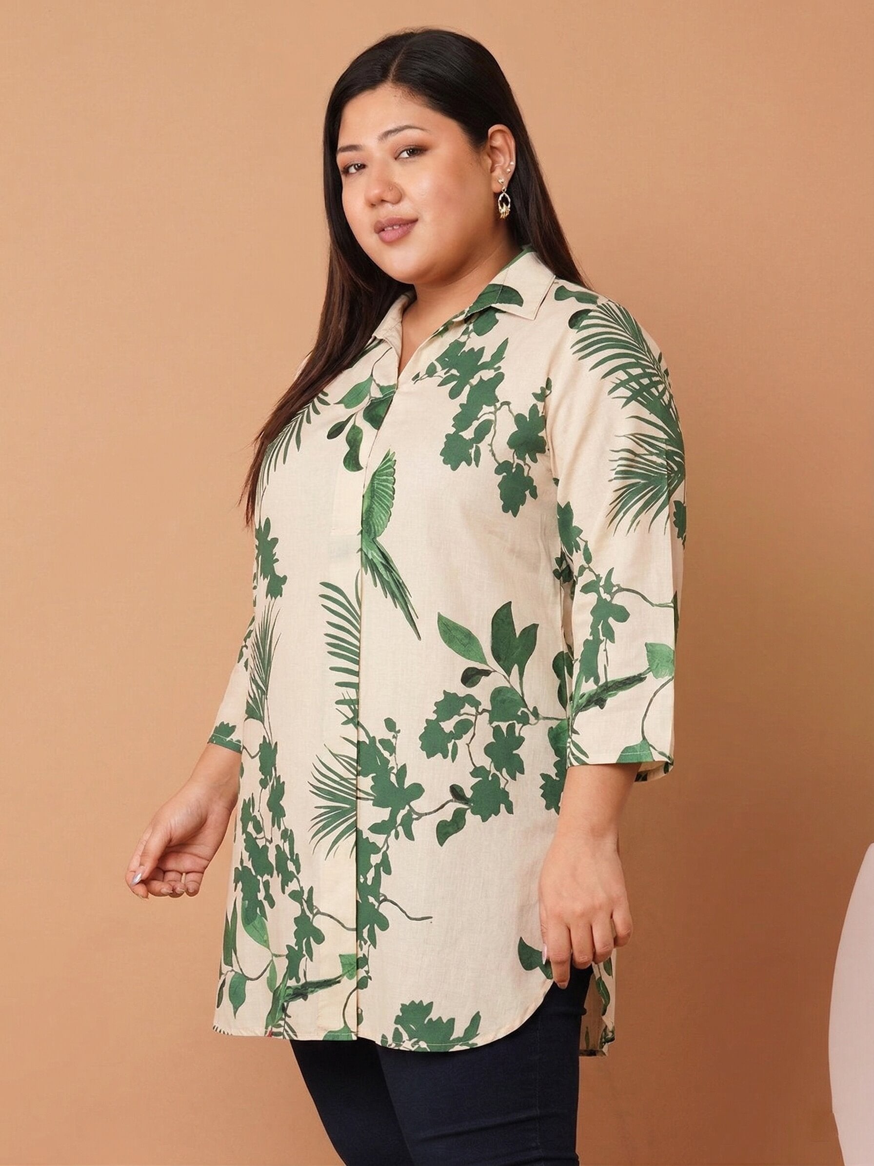 U&F Beyond Women`s Plus Size Beige With Green Nature Print Shirt Style Top