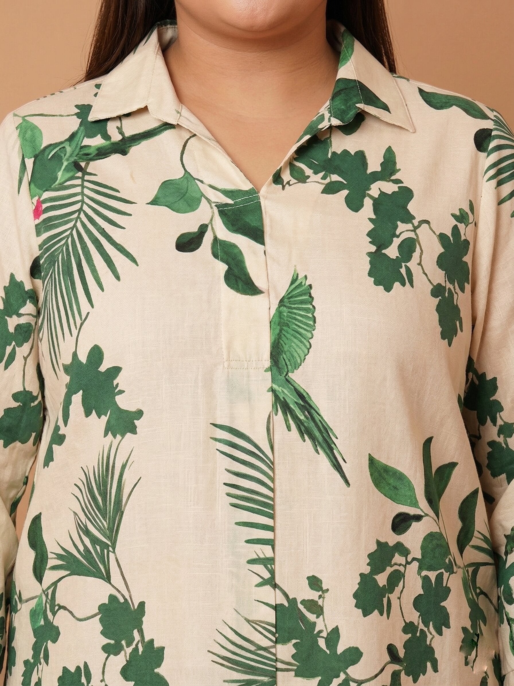 U&F Beyond Women`s Plus Size Beige With Green Nature Print Shirt Style Top