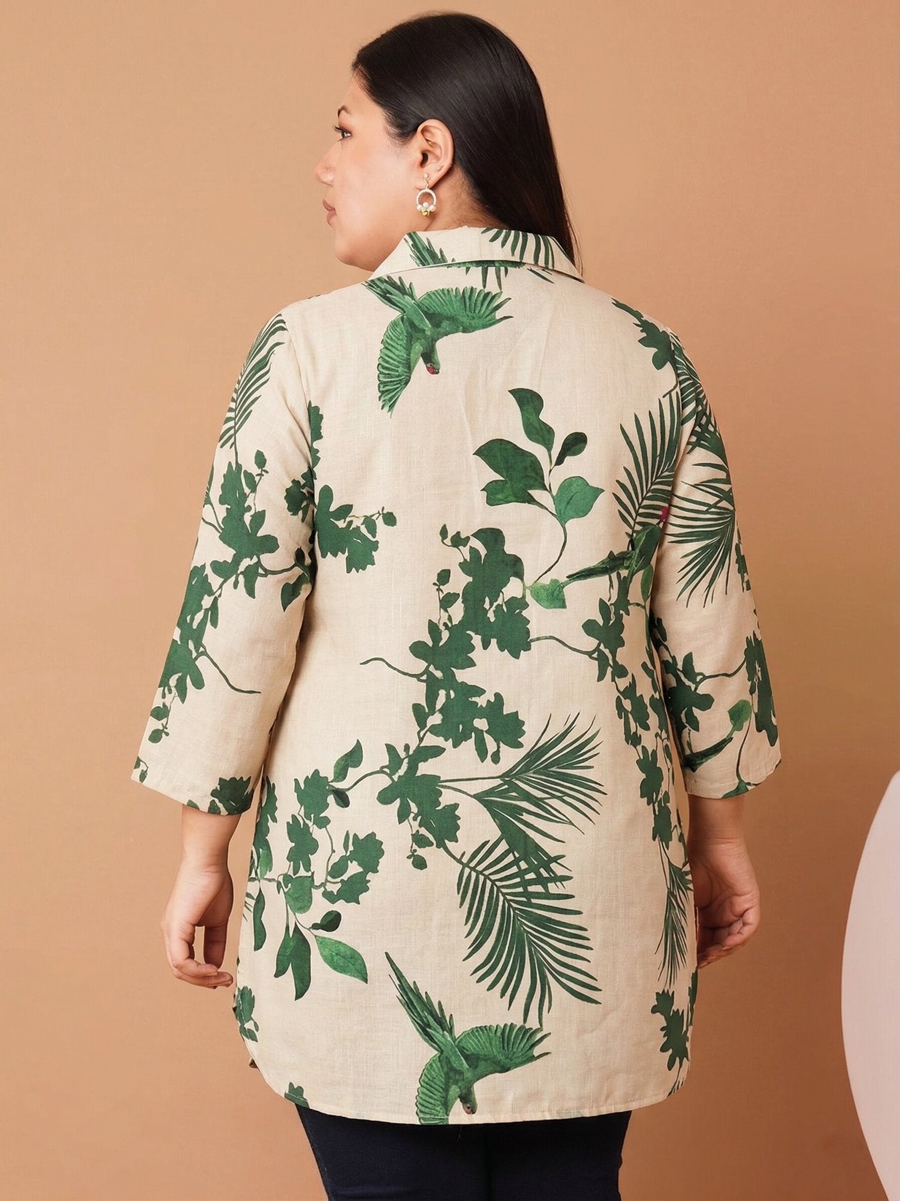 U&F Beyond Women`s Plus Size Beige With Green Nature Print Shirt Style Top