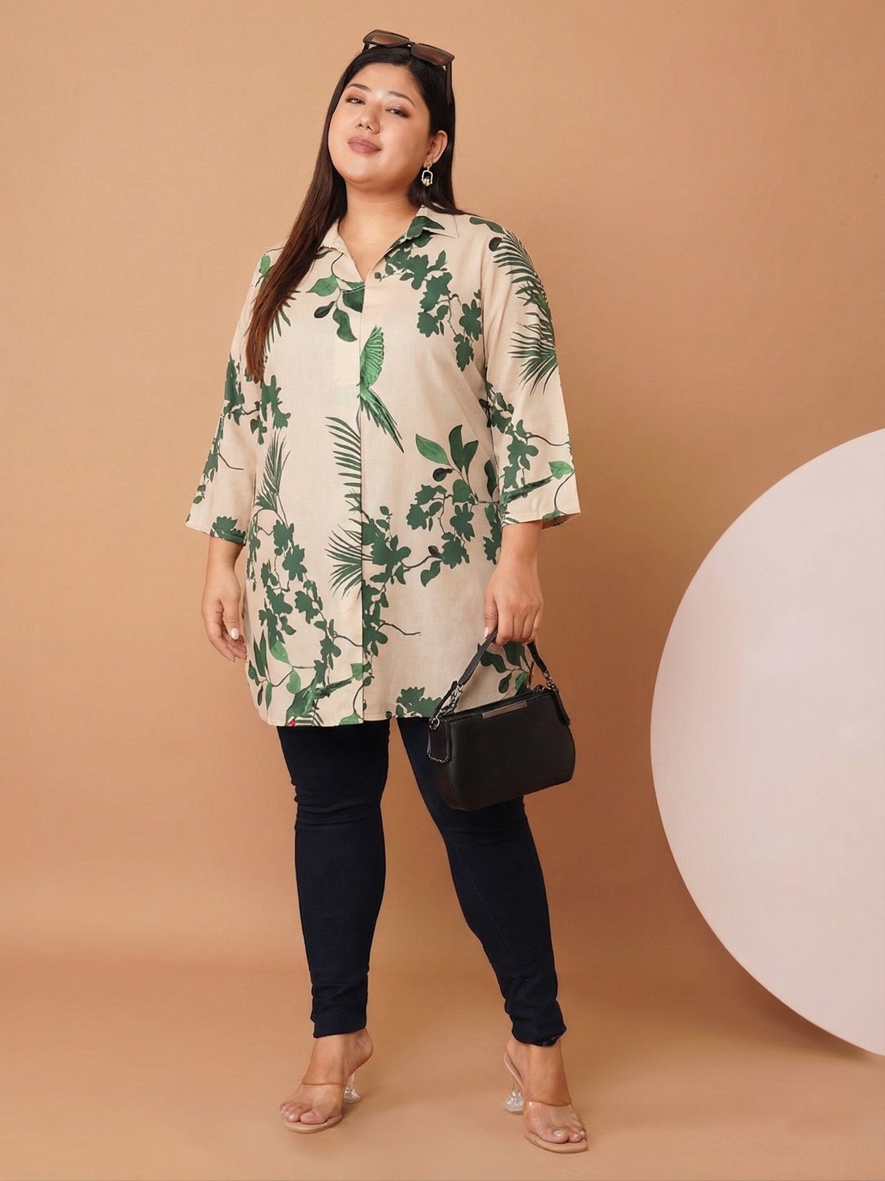 U&F Beyond Women`s Plus Size Beige With Green Nature Print Shirt Style Top