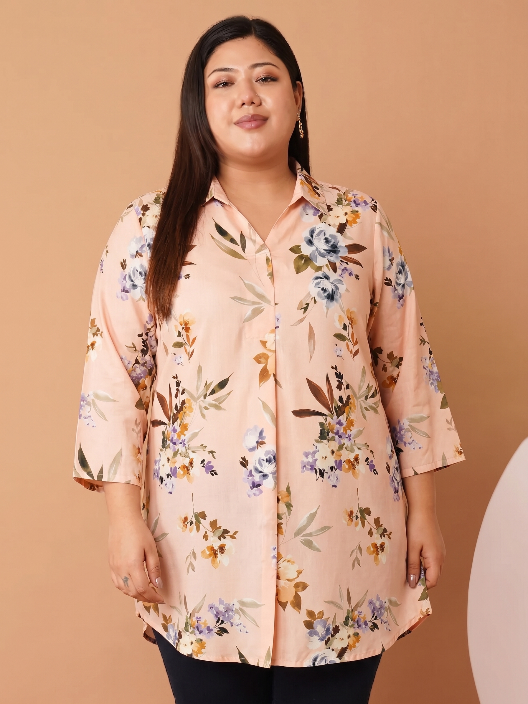 U&F Beyond Women's Plus Size Peach Floral Printed Relaxed Fit Shirt Style Top