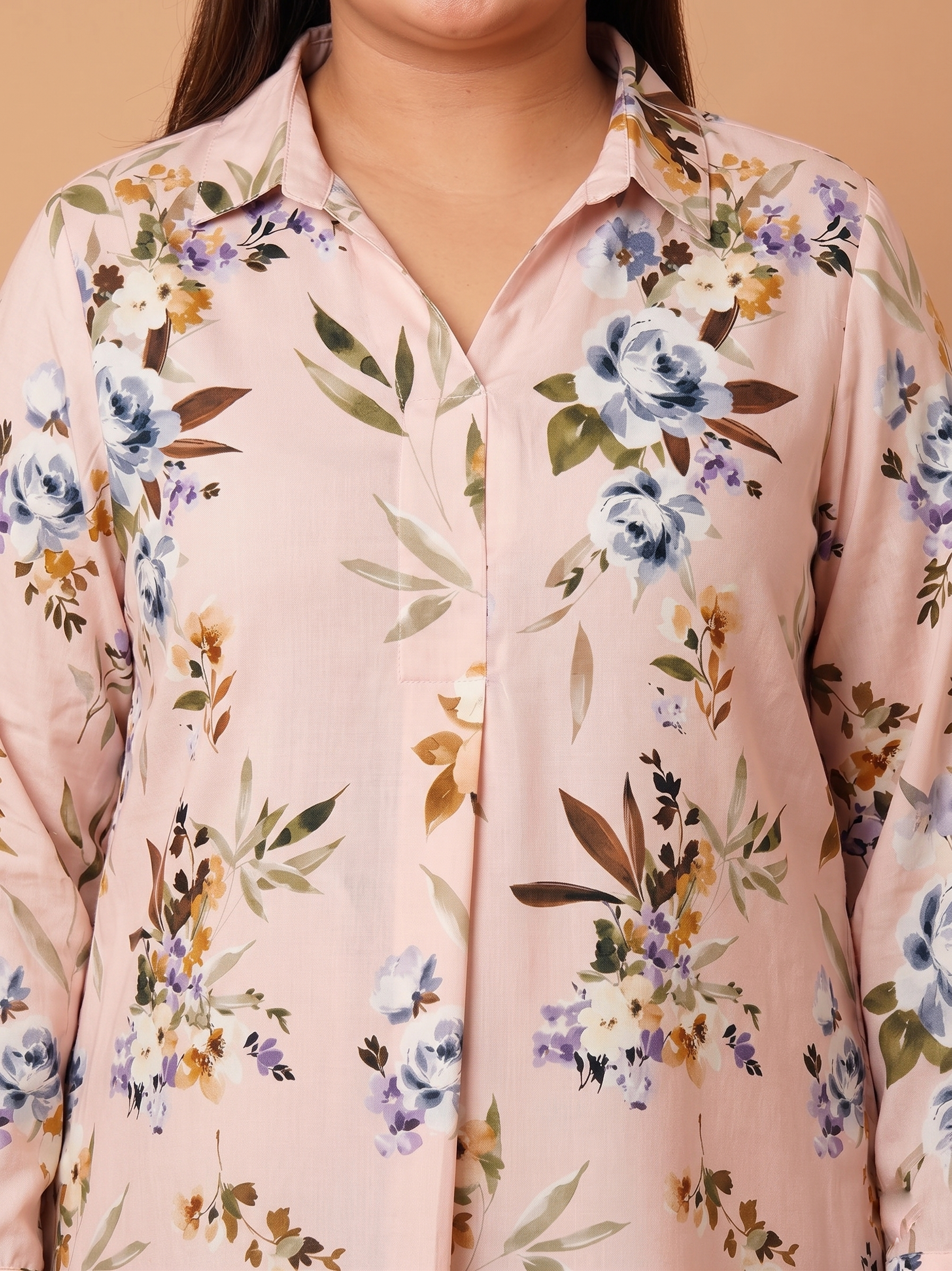 U&F Beyond Women's Plus Size Peach Floral Printed Relaxed Fit Shirt Style Top