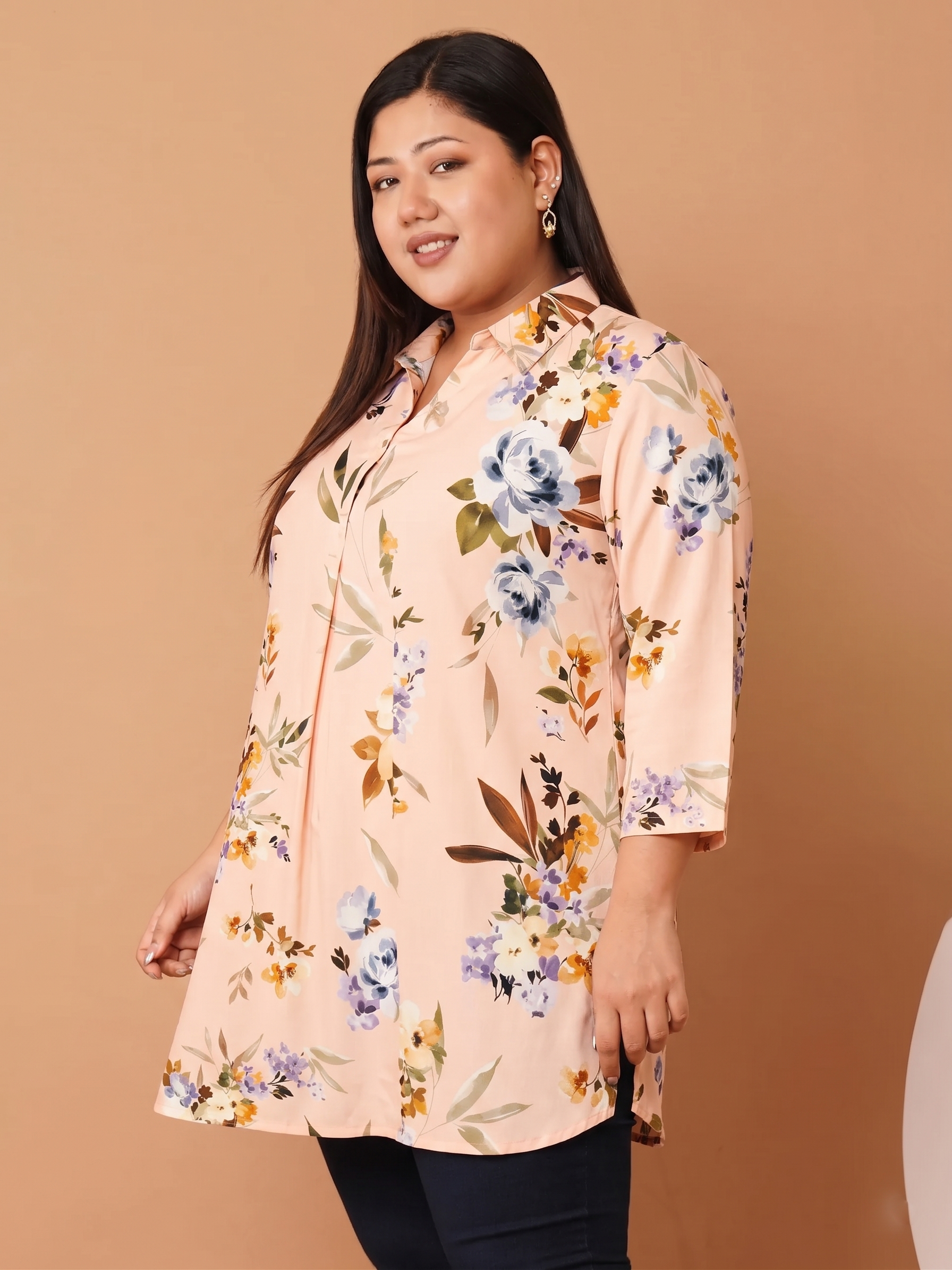 U&F Beyond Women's Plus Size Peach Floral Printed Relaxed Fit Shirt Style Top