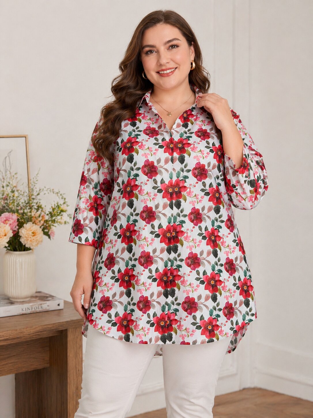 U&F Beyond Plus Size White & Red Blossom Printed Tunic Top