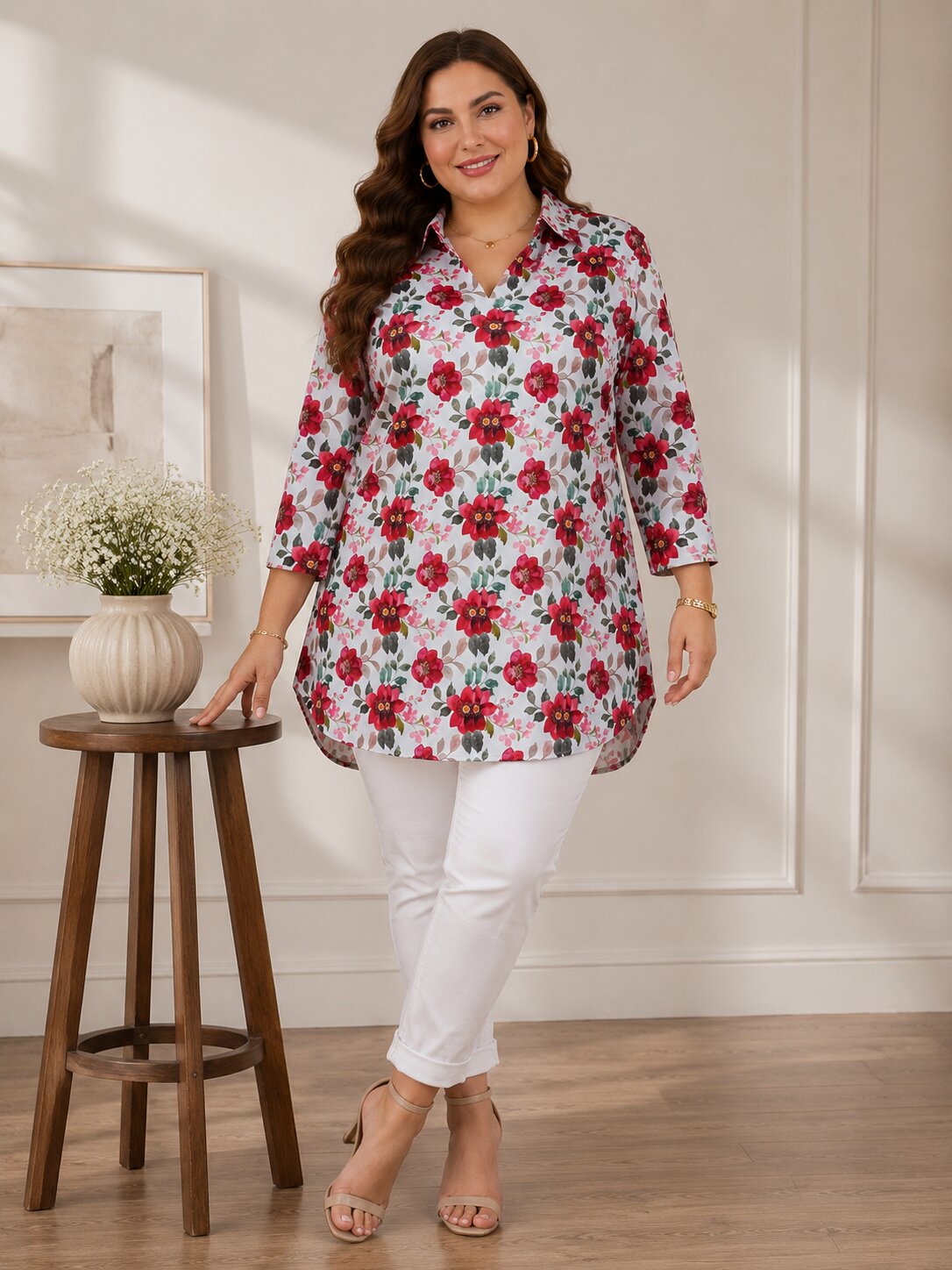 U&F Beyond Plus Size White & Red Blossom Printed Tunic Top
