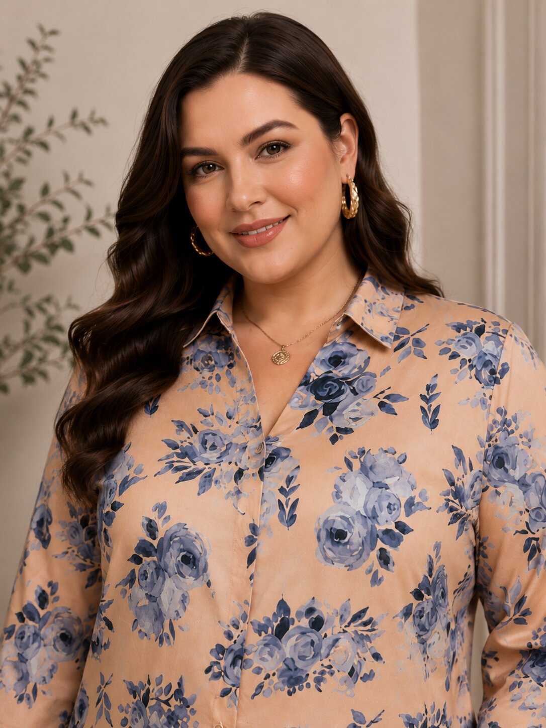 U&F Beyond Women Plus Size Beige Floral Printed Shirt Collar Tunic Top