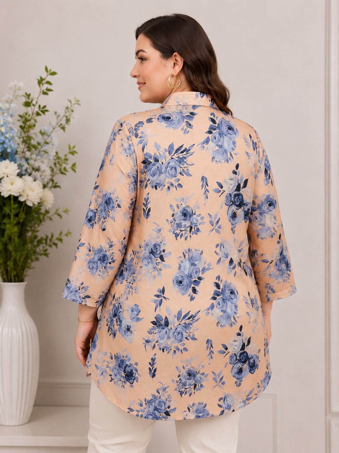 U&F Beyond Women Plus Size Beige Floral Printed Shirt Collar Tunic Top