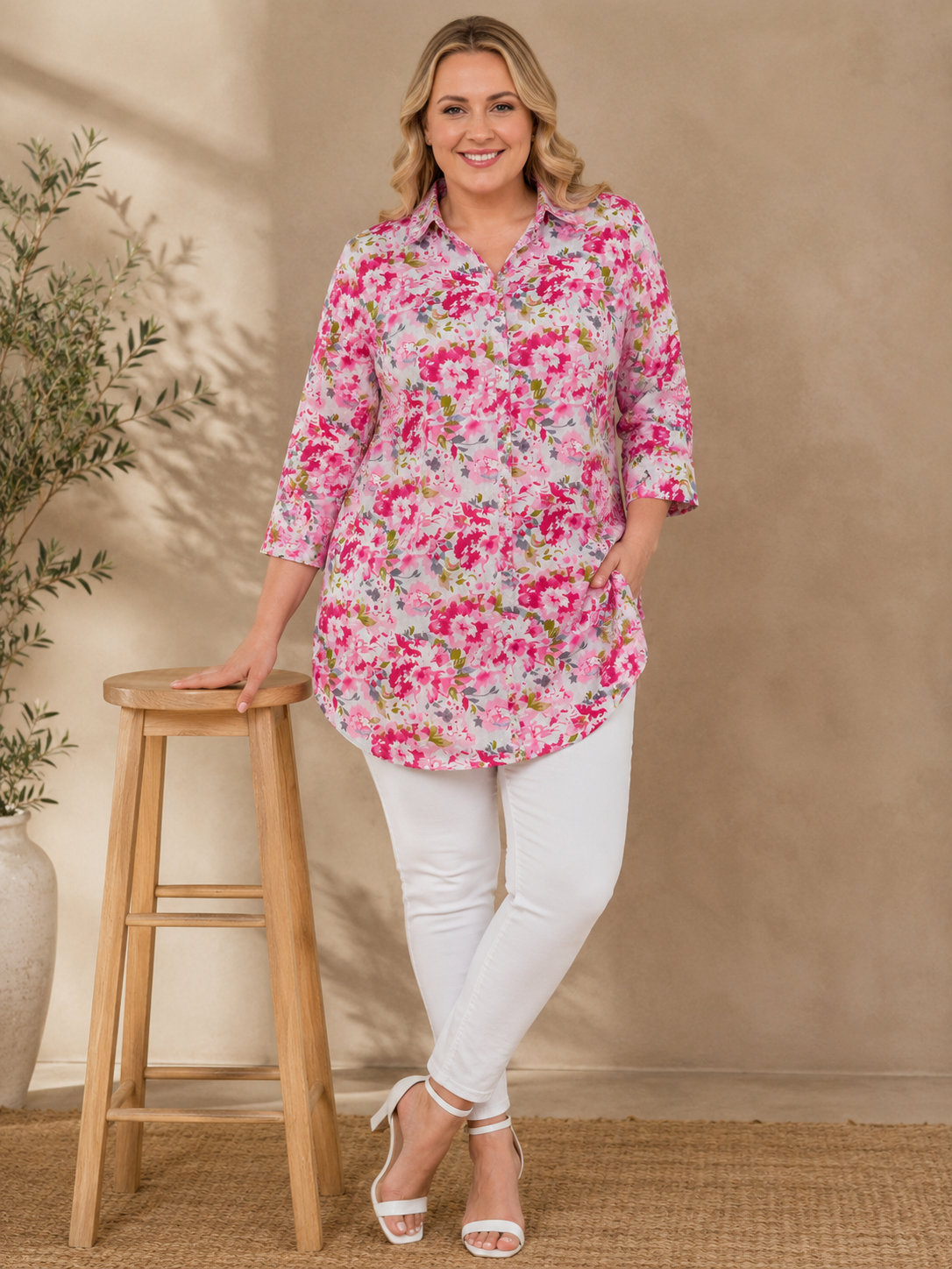 U&F Beyond Rosy Bloom Plus Size Shirt Tunic Top