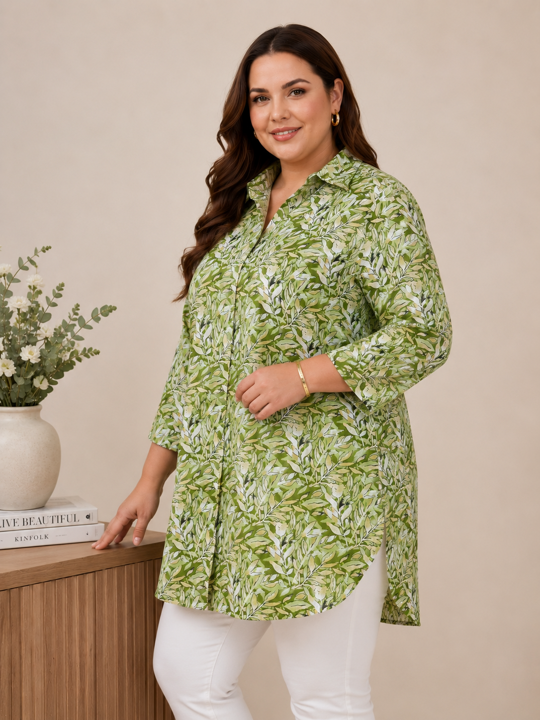 U&F Beyond Sage Leaf Print Plus Size Tunic Top