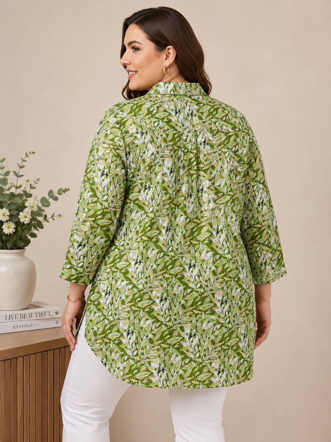 U&F Beyond Sage Leaf Print Plus Size Tunic Top