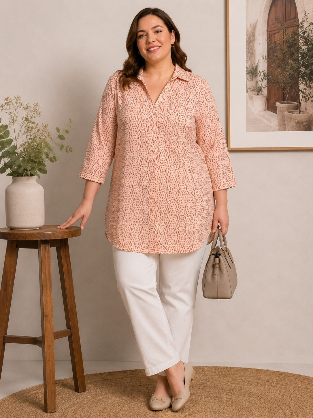 U&F Beyond Peach Abstract Printed Plus Size Longline Shirt Top