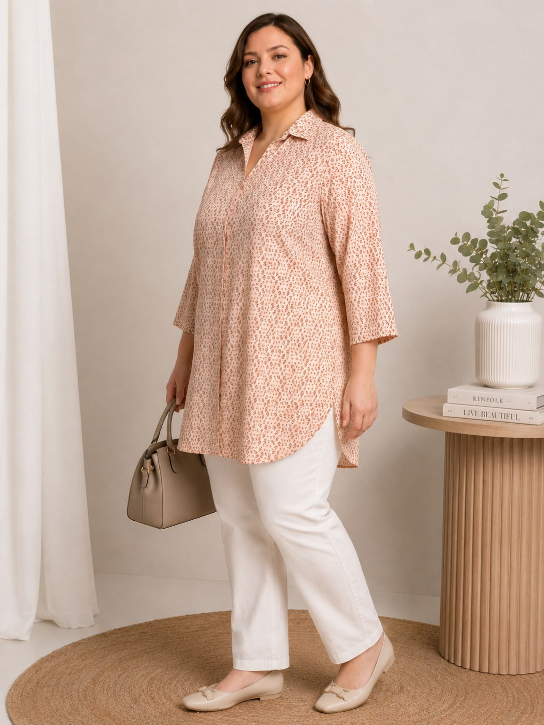 U&F Beyond Peach Abstract Printed Plus Size Longline Shirt Top
