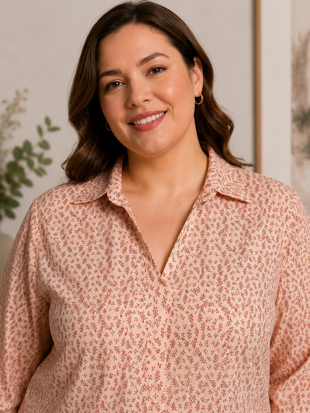 U&F Beyond Peach Abstract Printed Plus Size Longline Shirt Top