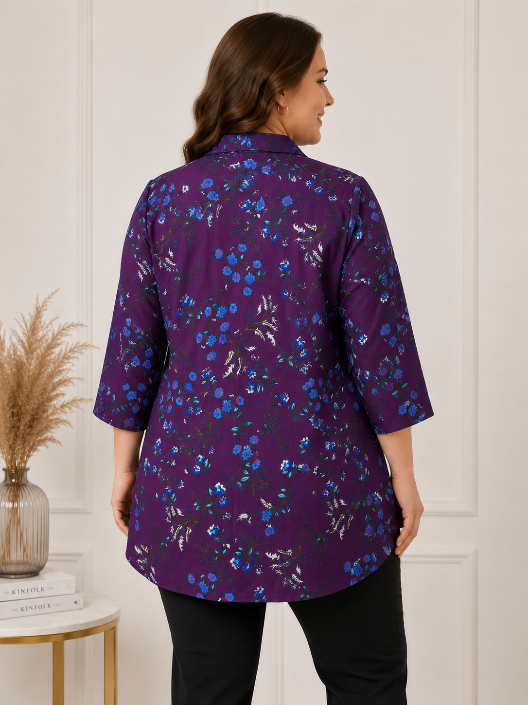 U&F Beyond Purple Floral Printed Plus Size Shirt Style Top