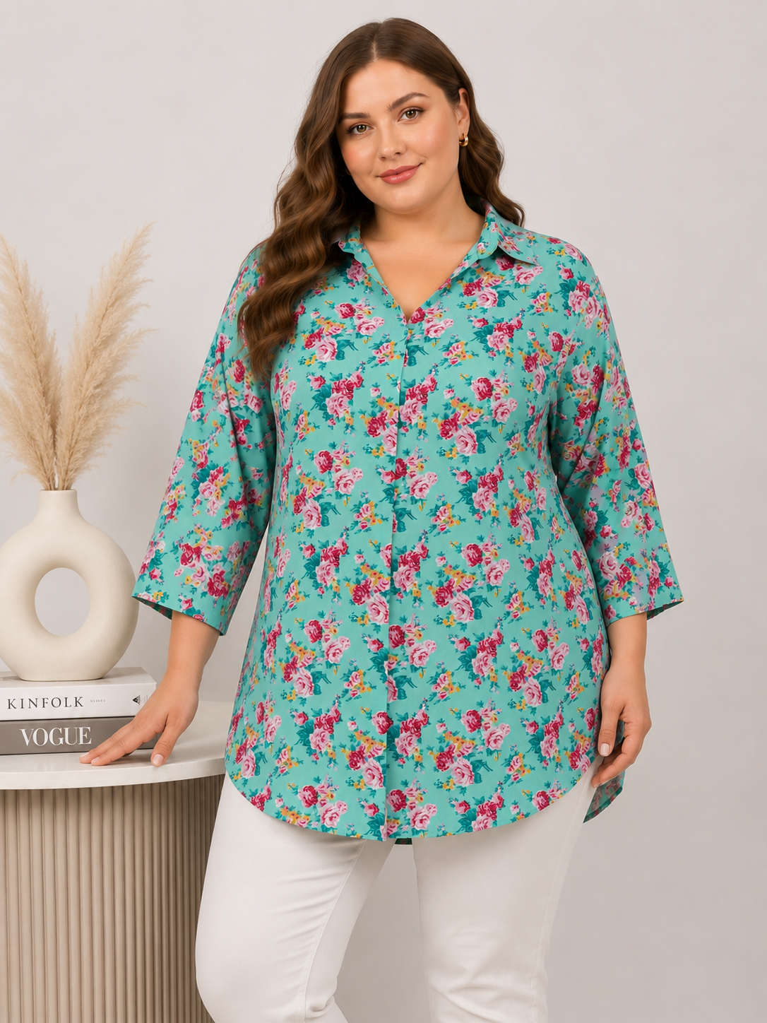 U&F Beyond Turquoise Blue Floral Printed Plus Size Shirt Style Top