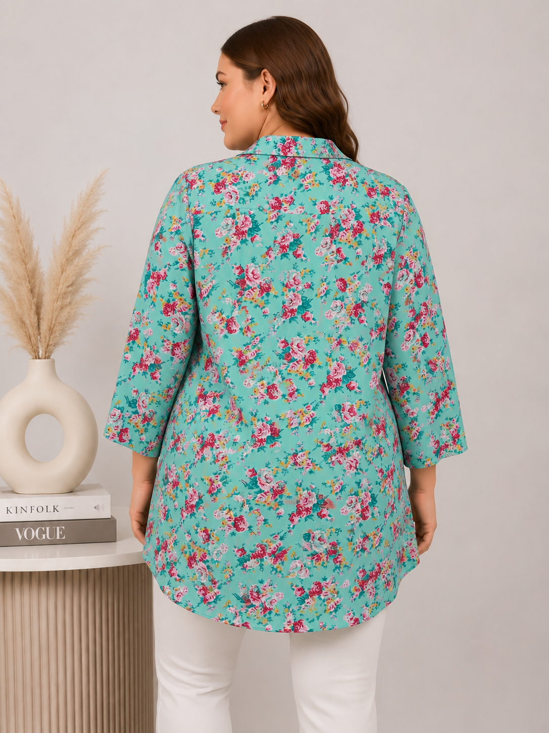 U&F Beyond Turquoise Blue Floral Printed Plus Size Shirt Style Top