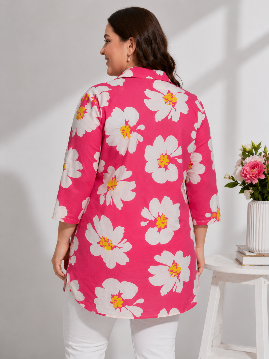 U&F Beyond Pink Floral Printed Plus Size Shirt Style Top