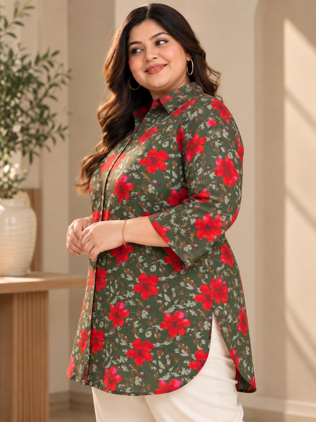 U&F Beyond Women Plus-Size Olive Green & Red Floral Print Cotton Longline Shirt Style Top