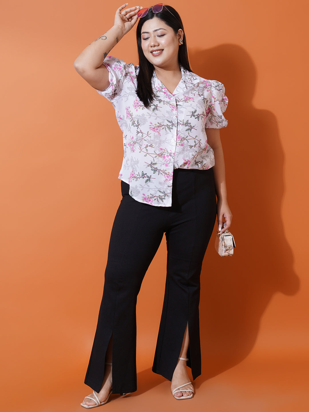 Women Plus Size White Floral Georgette Shirt Style Top 3XL Off-white