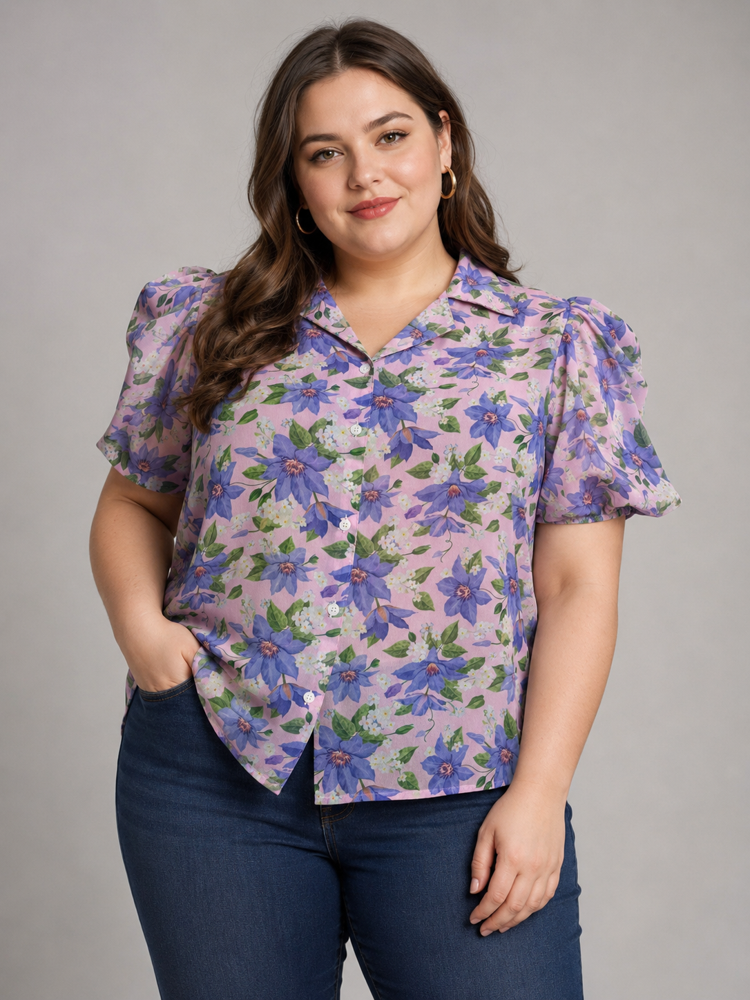 U&F Beyond Lavender Floral Printed Puff Sleeve Plus Size Top