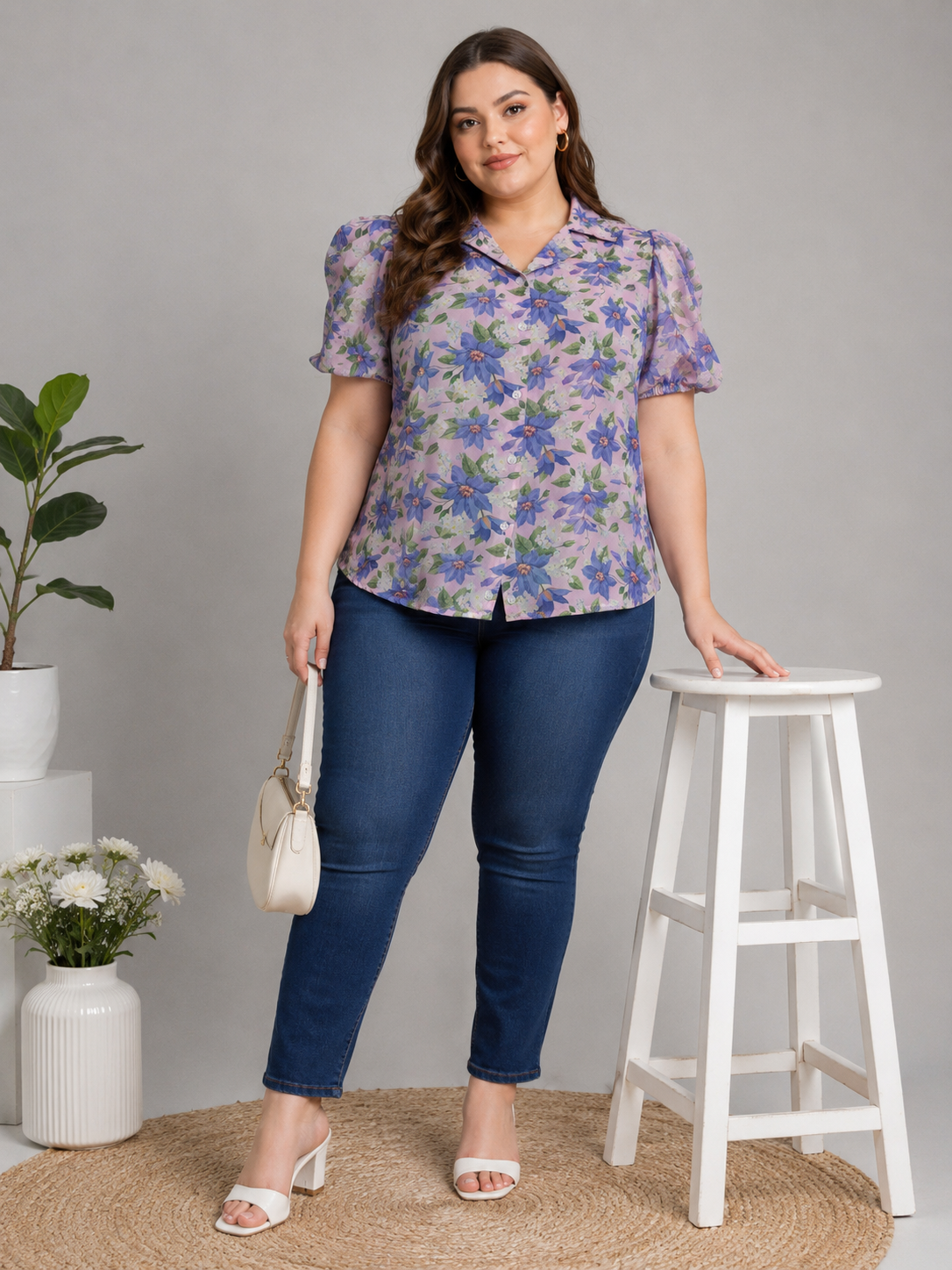 U&F Beyond Lavender Floral Printed Puff Sleeve Plus Size Top
