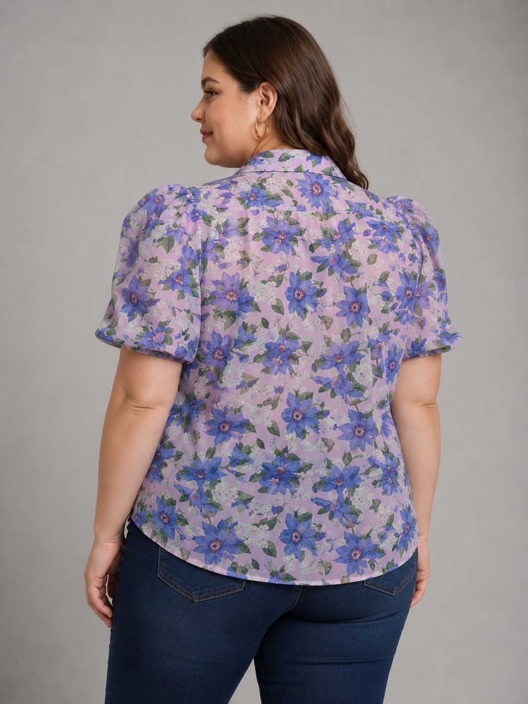 U&F Beyond Lavender Floral Printed Puff Sleeve Plus Size Top