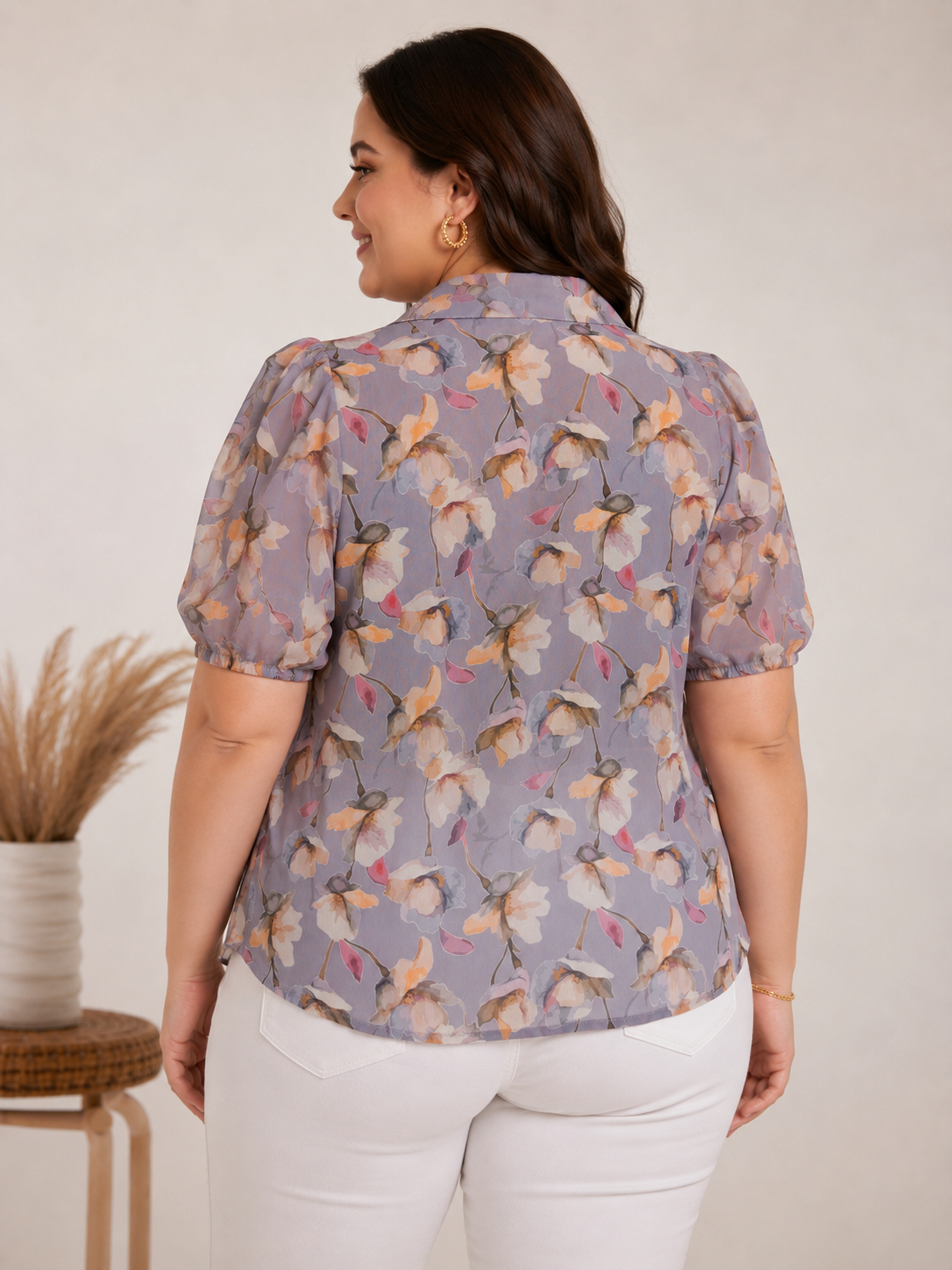 U&F Beyond Grey Floral Printed Puff Sleeve Plus Size Top