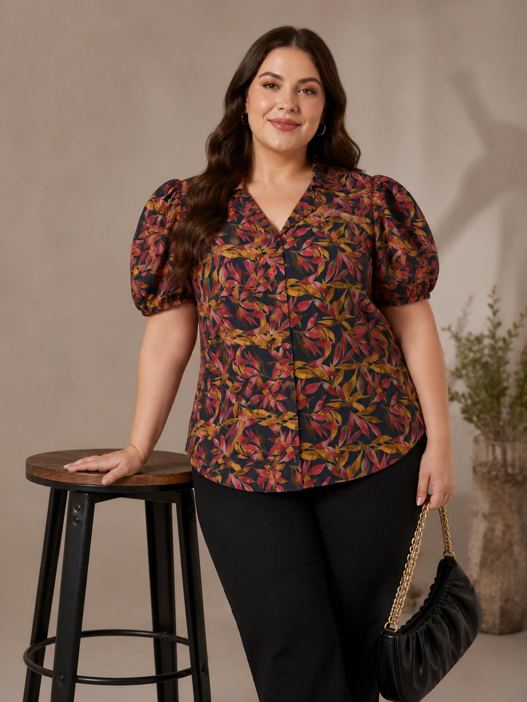 U&F Beyond Black Multi Floral Printed Puff Sleeve Plus Size Top