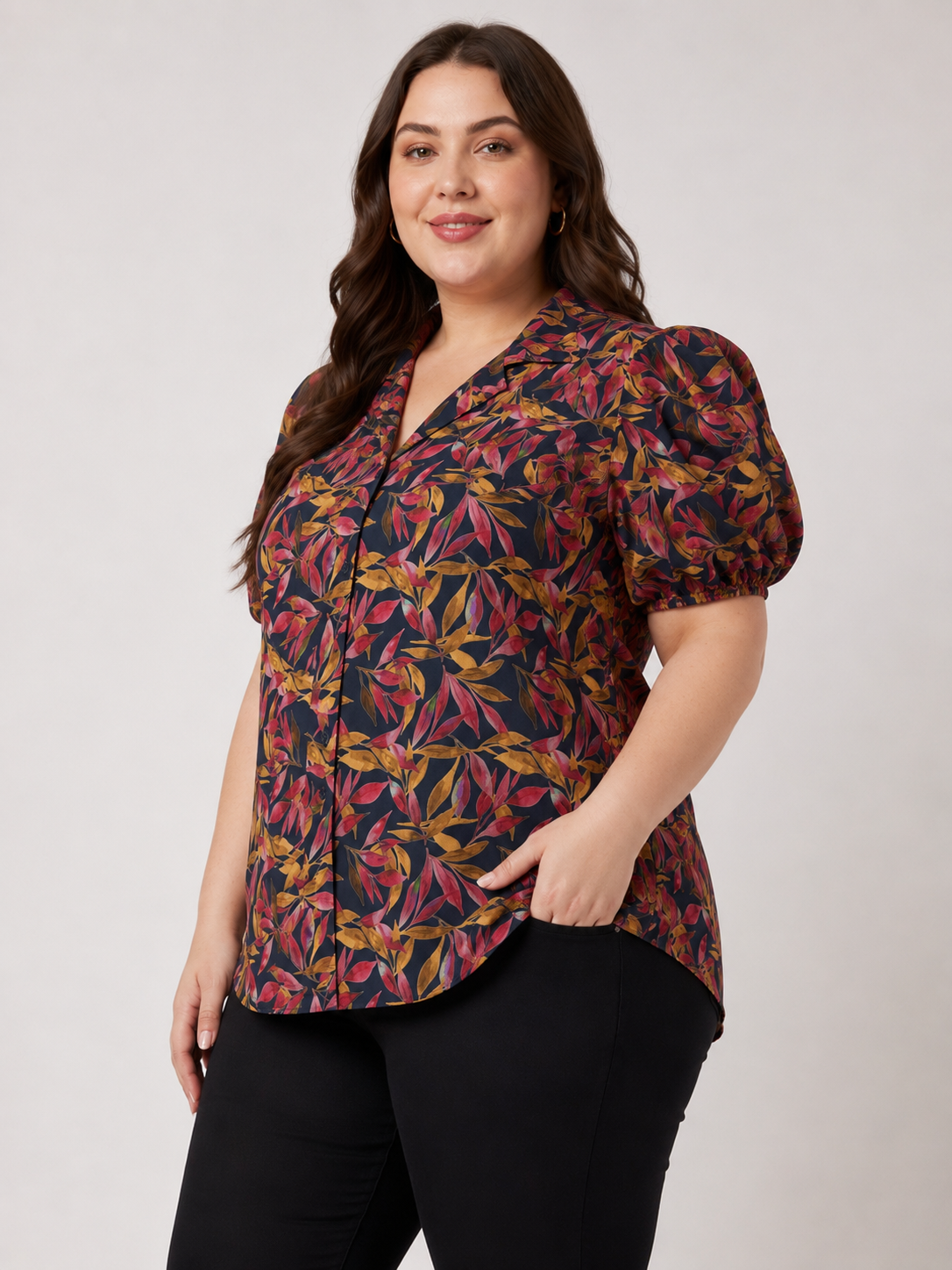 U&F Beyond Black Multi Floral Printed Puff Sleeve Plus Size Top
