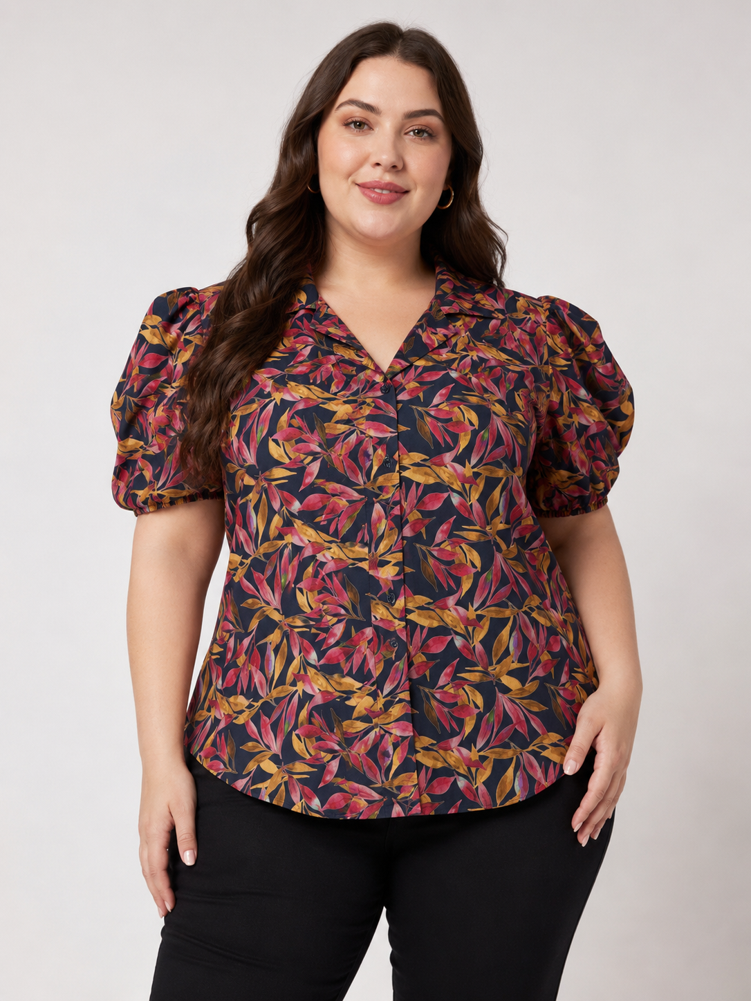 U&F Beyond Black Multi Floral Printed Puff Sleeve Plus Size Top