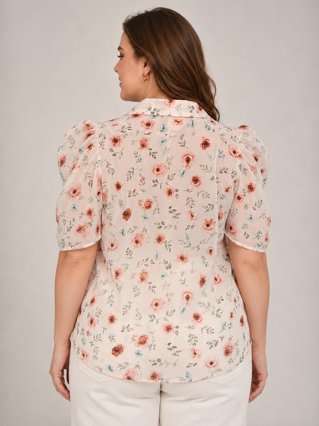 U&F Beyond Cream Floral Printed Puff Sleeve Plus Size Top